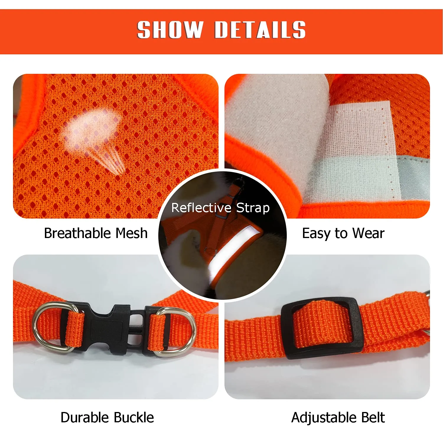 FEimaX Set Imbracatura e Guinzaglio per Cani e Gatti, Imbottita, Traspirante e Riflettente, Arancia, S (Torace 30-34cm) - immagine 4