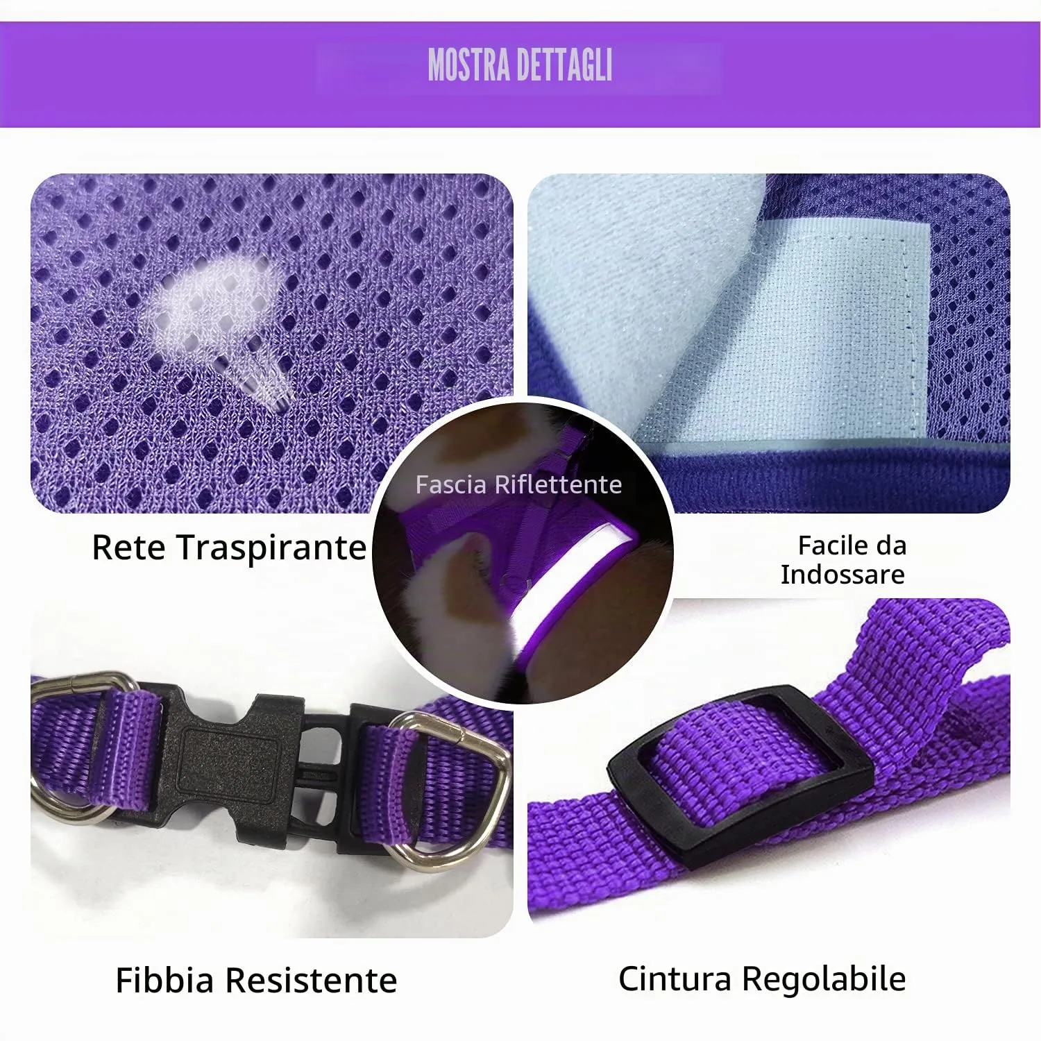 FEimaX Set Imbracatura e Guinzaglio per Cani e Gatti, Pettorina Imbottita Traspirante e Riflettente, Taglia S (Torace 30-34cm), Viola - immagine 3