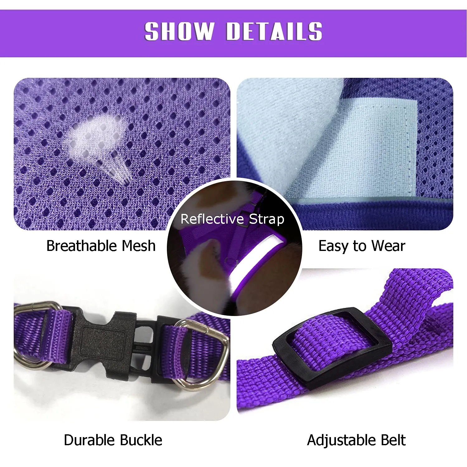 FEimaX Set Imbracatura e Guinzaglio per Cani e Gatti, Imbottita, Traspirante e Riflettente, Viola, Taglia M - immagine 3