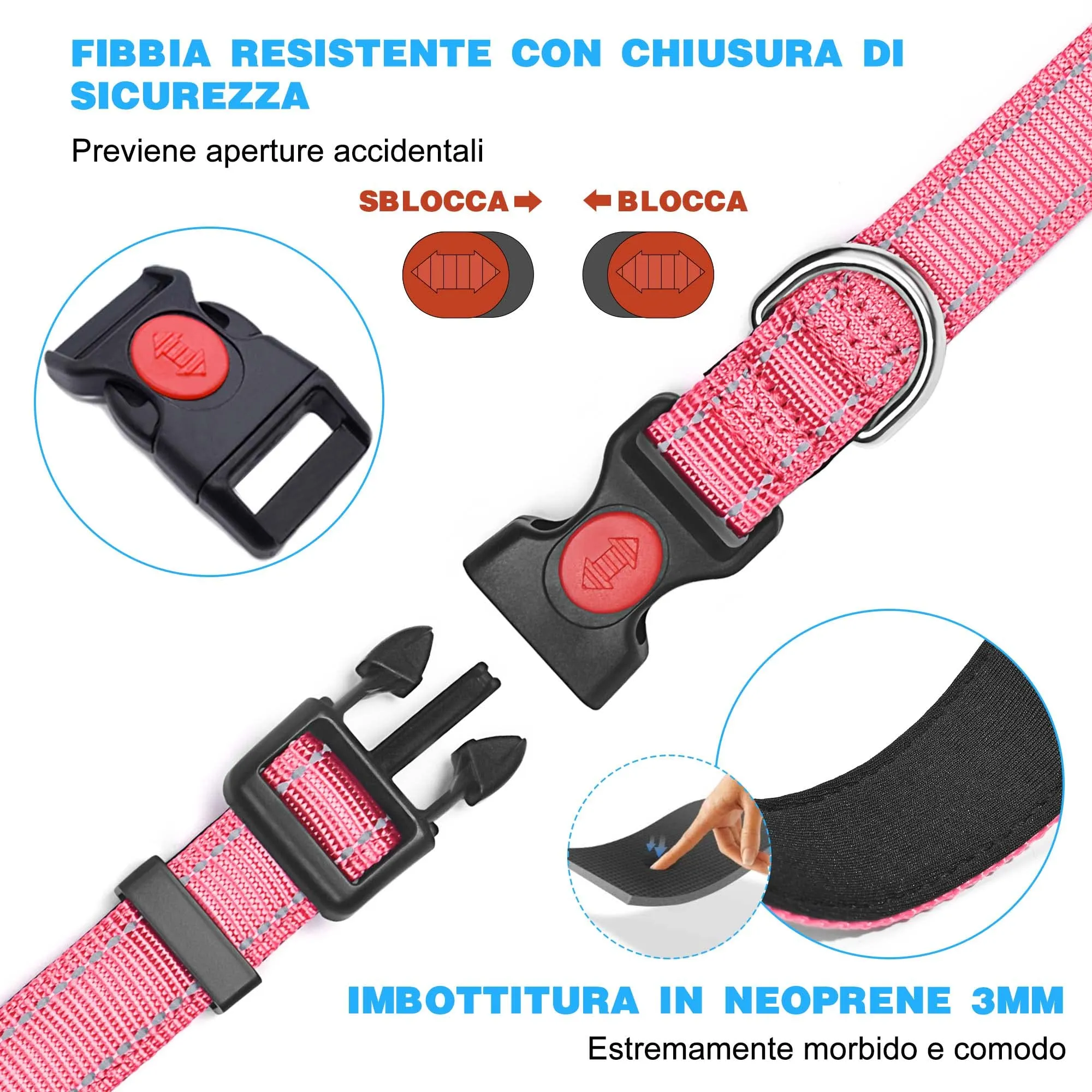haapaw Collare Riflettente per Cani in Nylon e Neoprene Traspirante, Rosa, Taglia L - immagine 3