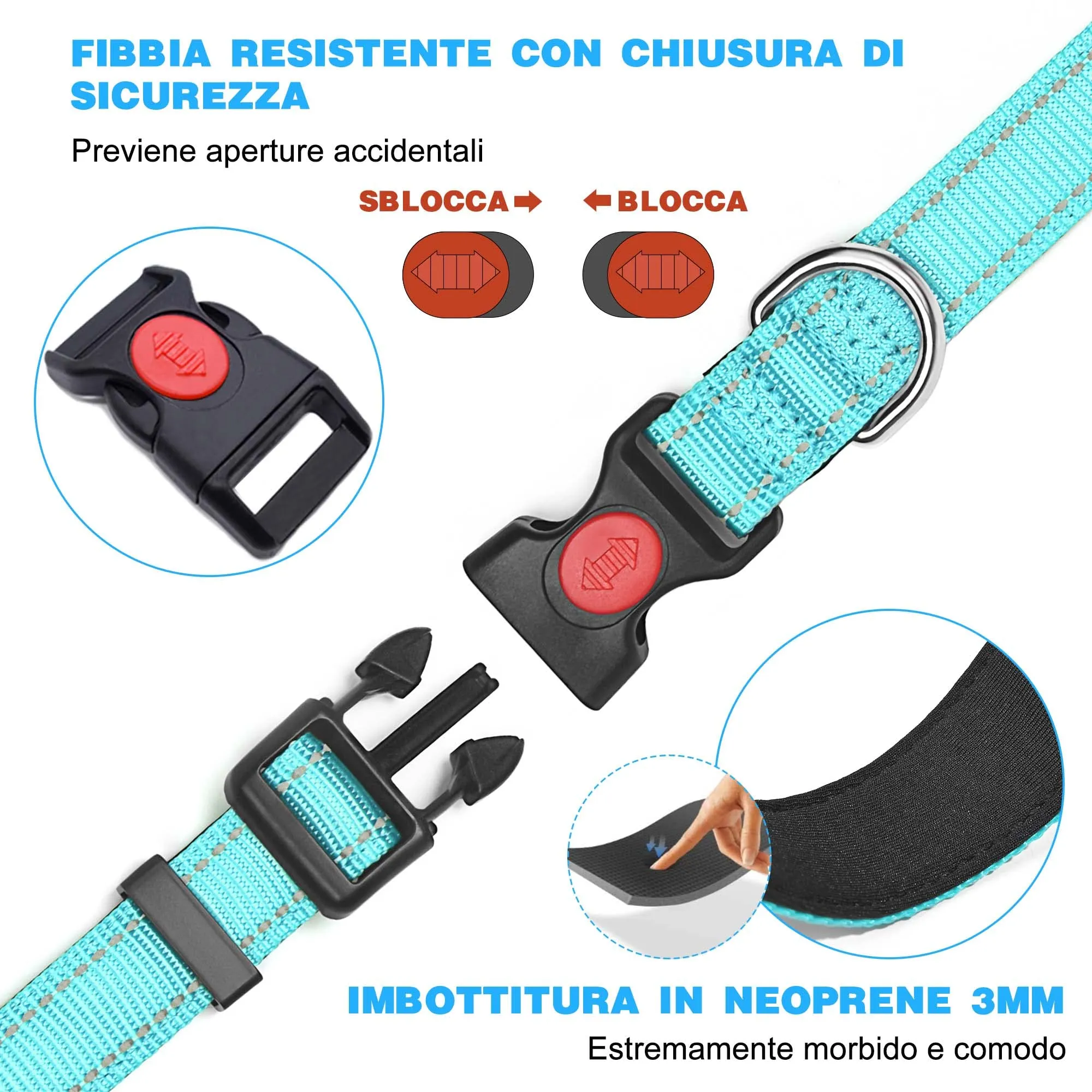 haapaw Collare Riflettente per Cani in Nylon e Neoprene Traspirante, Regolabile, Turchese, Taglia M - immagine 3