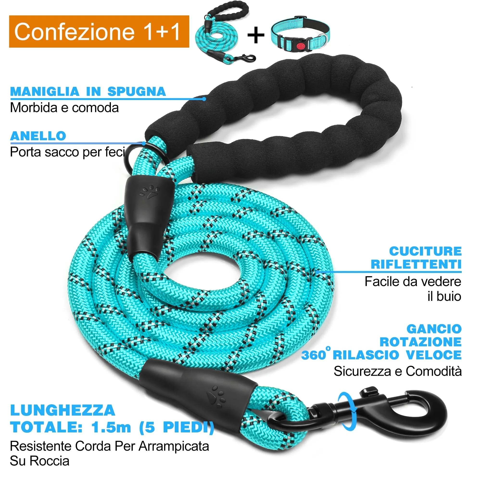haapaw Collare Riflettente per Cani in Nylon e Neoprene Traspirante, Regolabile, Turchese, Taglia M - immagine 4