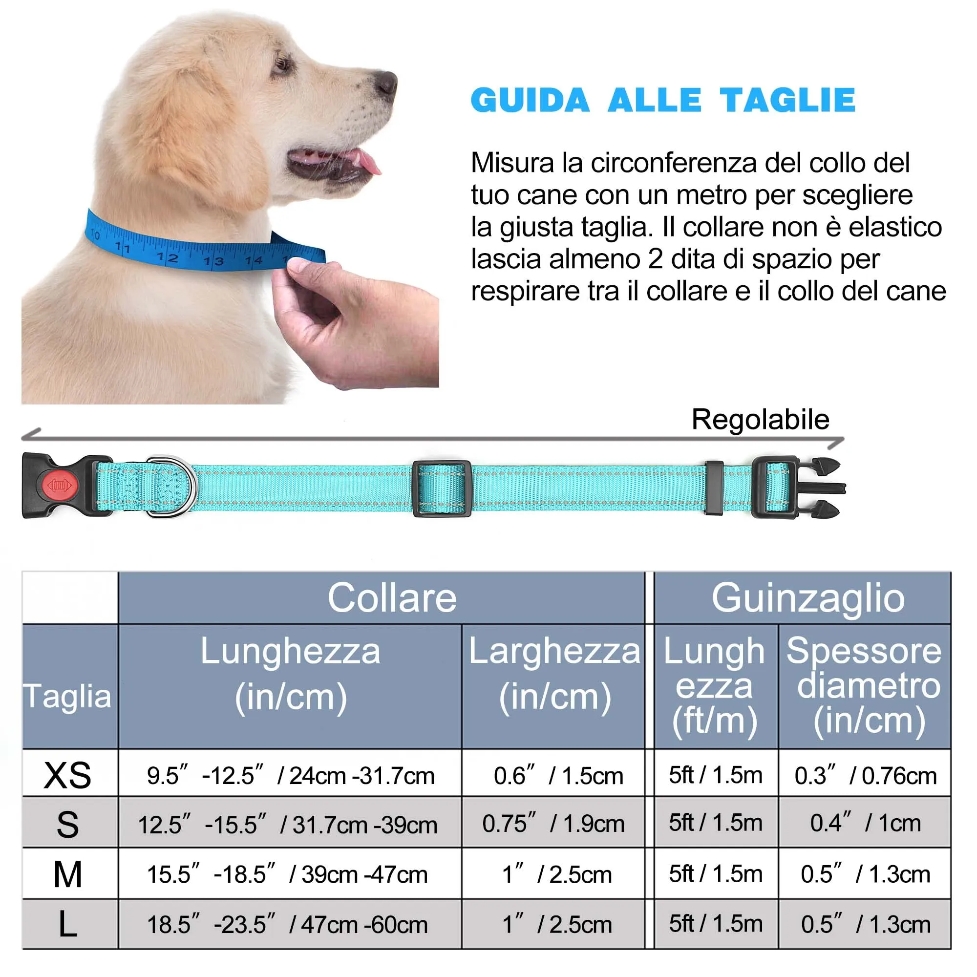 haapaw Collare Riflettente per Cani in Nylon e Neoprene Traspirante, Regolabile, Turchese, Taglia M - immagine 7