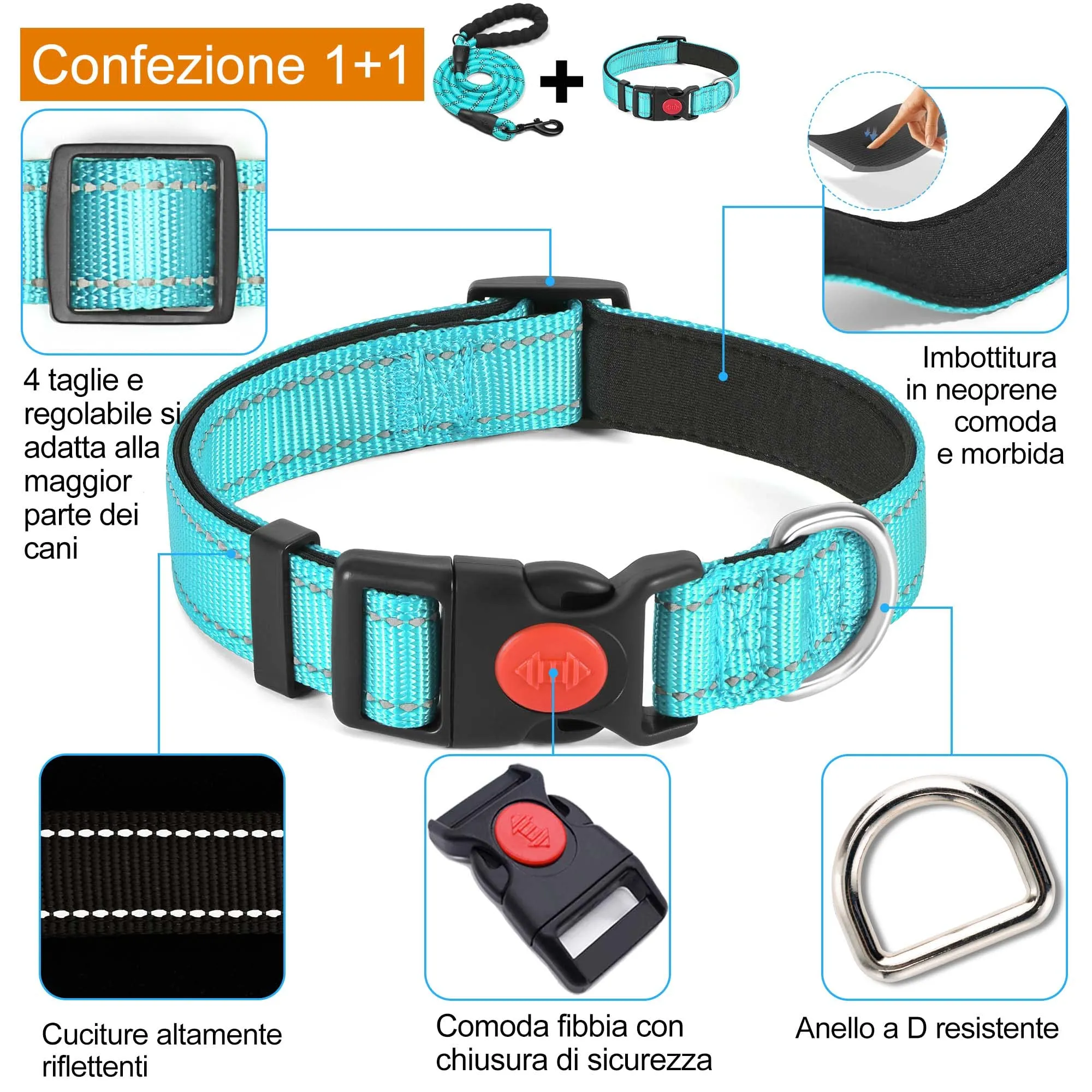 haapaw Collare Riflettente in Nylon e Neoprene per Cani Piccoli Medi Grandi, Turchese, Taglia L - immagine 2