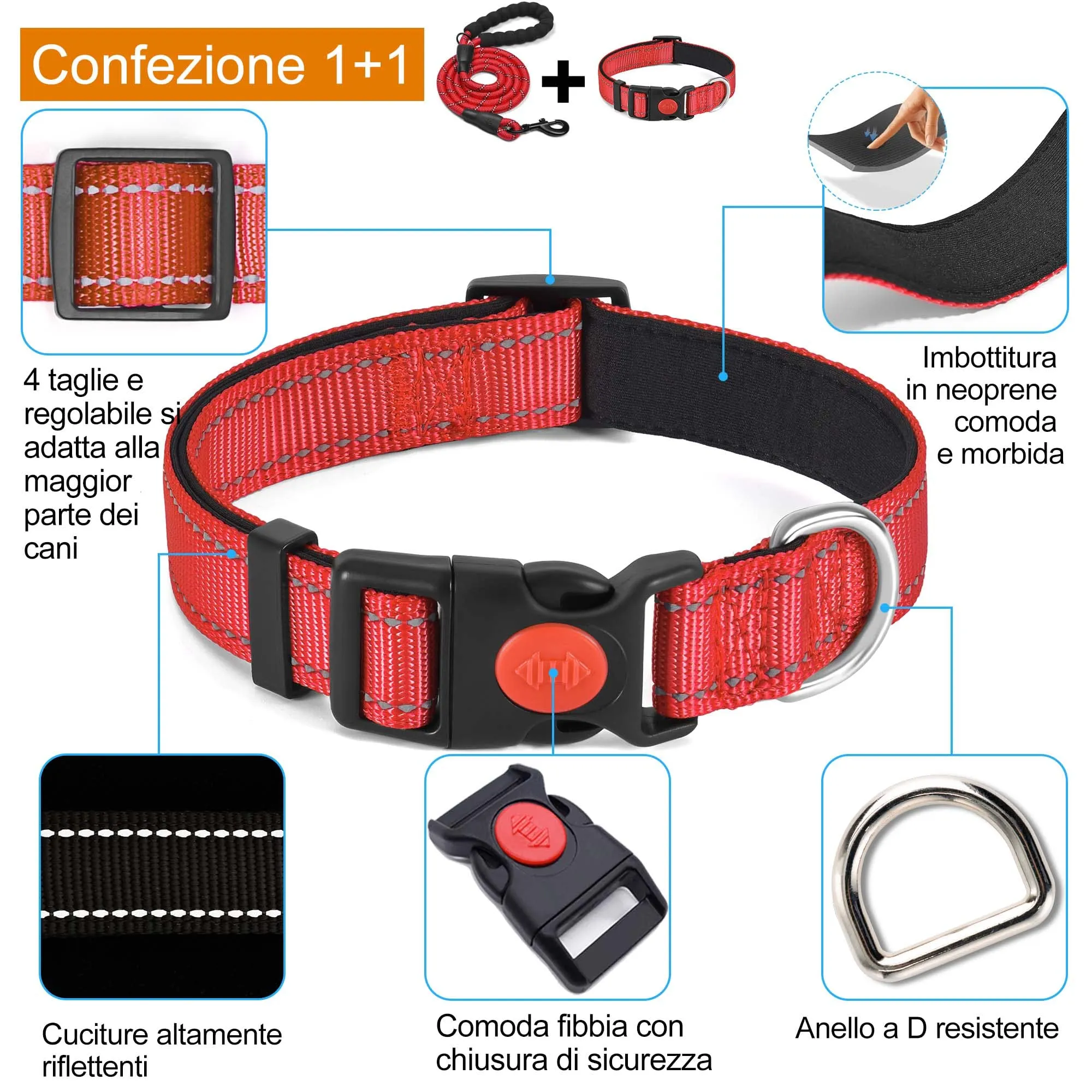 haapaw Collare Riflettente in Nylon e Neoprene per Cani, Rosso, L - immagine 2