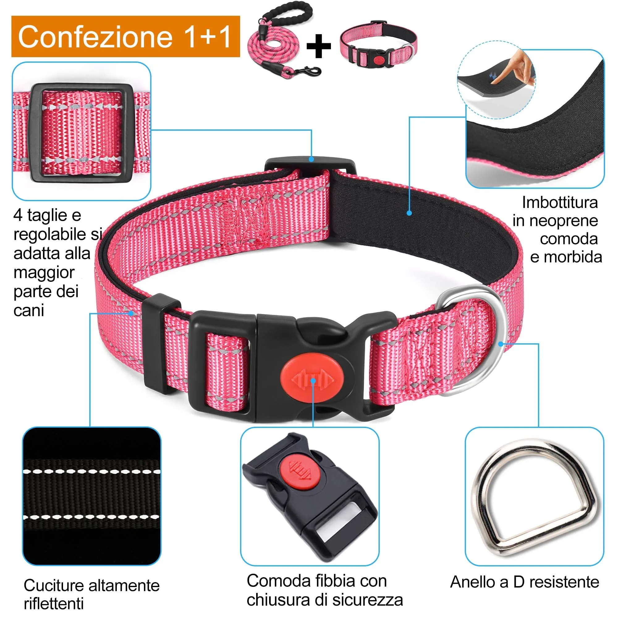 haapaw Collare Riflettente per Cani in Nylon e Neoprene Traspirante, Regolabile, con Guinzaglio Incluso - immagine 2
