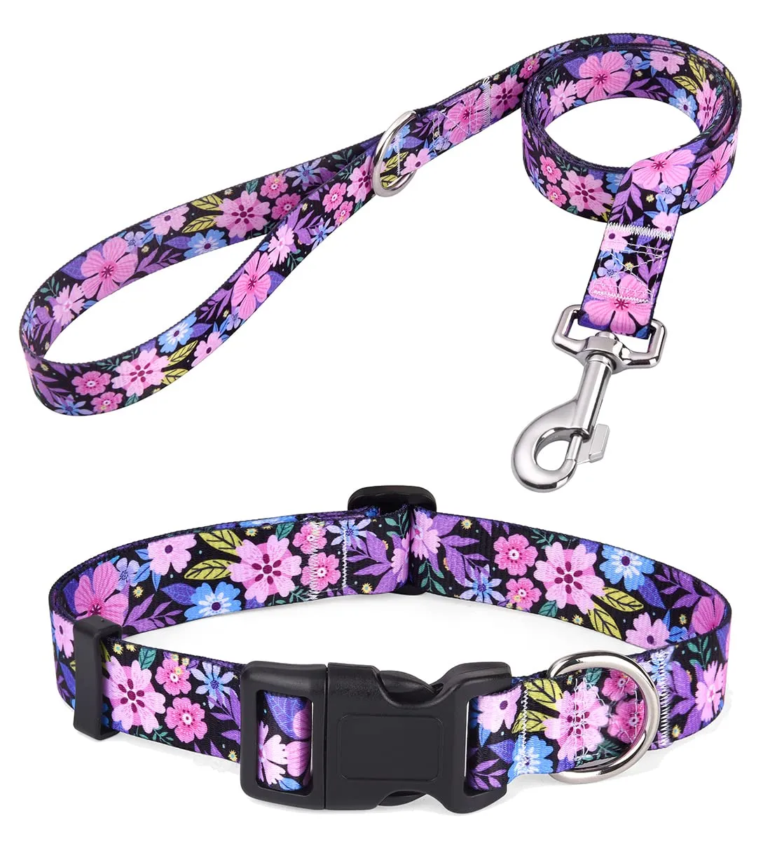 Mihqy Set Collare e Guinzaglio per Cani, Disegno Floreale Bohémien, Rosa Fiore, Taglia L - immagine 1