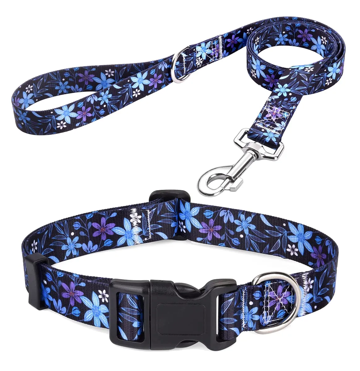 Mihqy Set Collare e Guinzaglio per Cani, Disegno Floreale Bohémien, Blu Fiore, XS - immagine 1