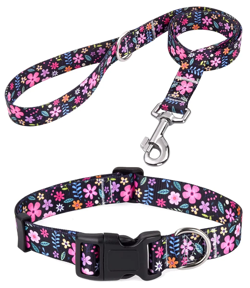 Mihqy Collare e Guinzaglio per Cani, Disegno Floreale Bohémien, Taglia XS (Set Fiore) - immagine 1