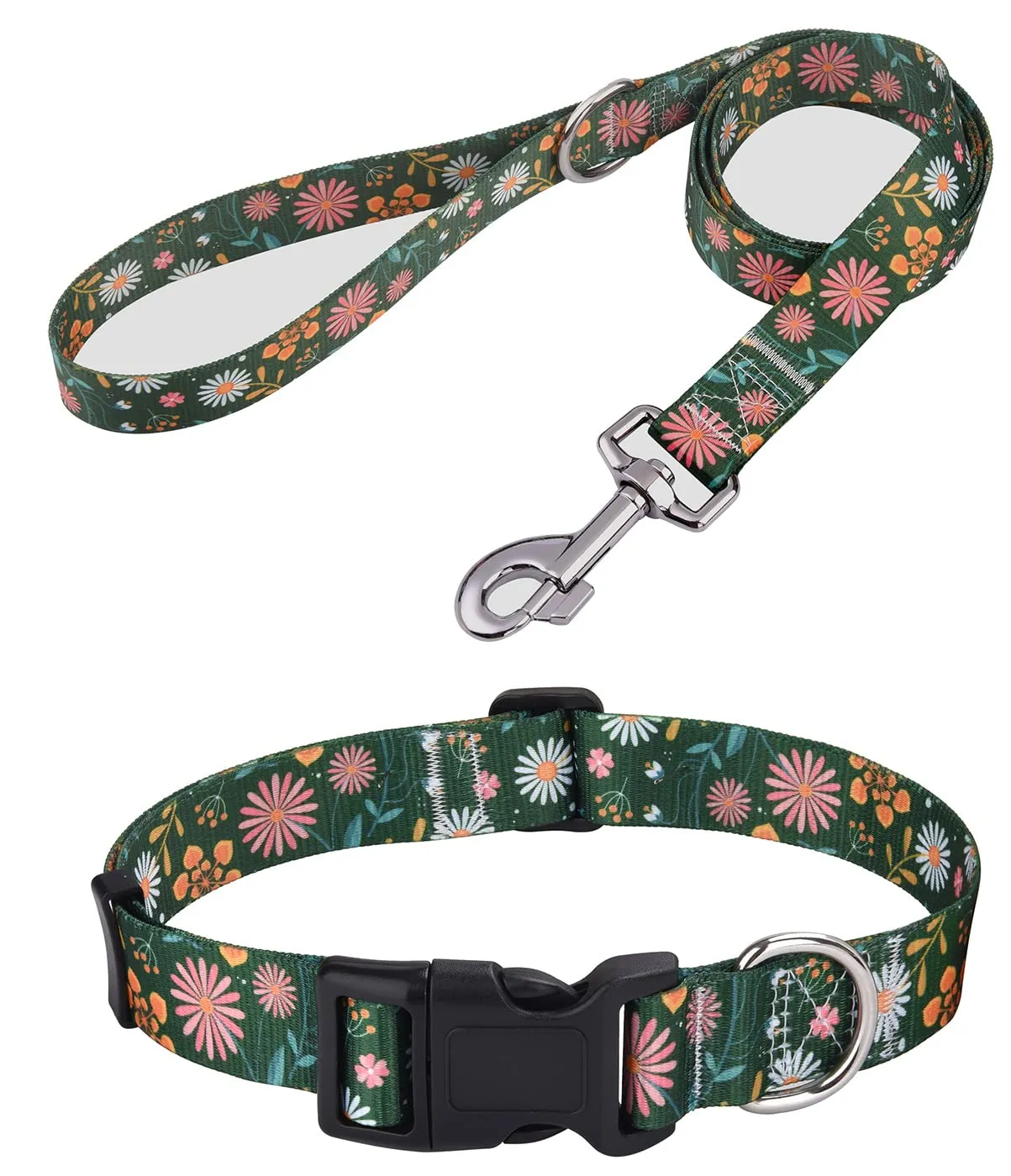 Mihqy Set Collare e Guinzaglio per Cani, Disegno Floreale Bohémien, Verde Fiori, Taglia S - immagine 1
