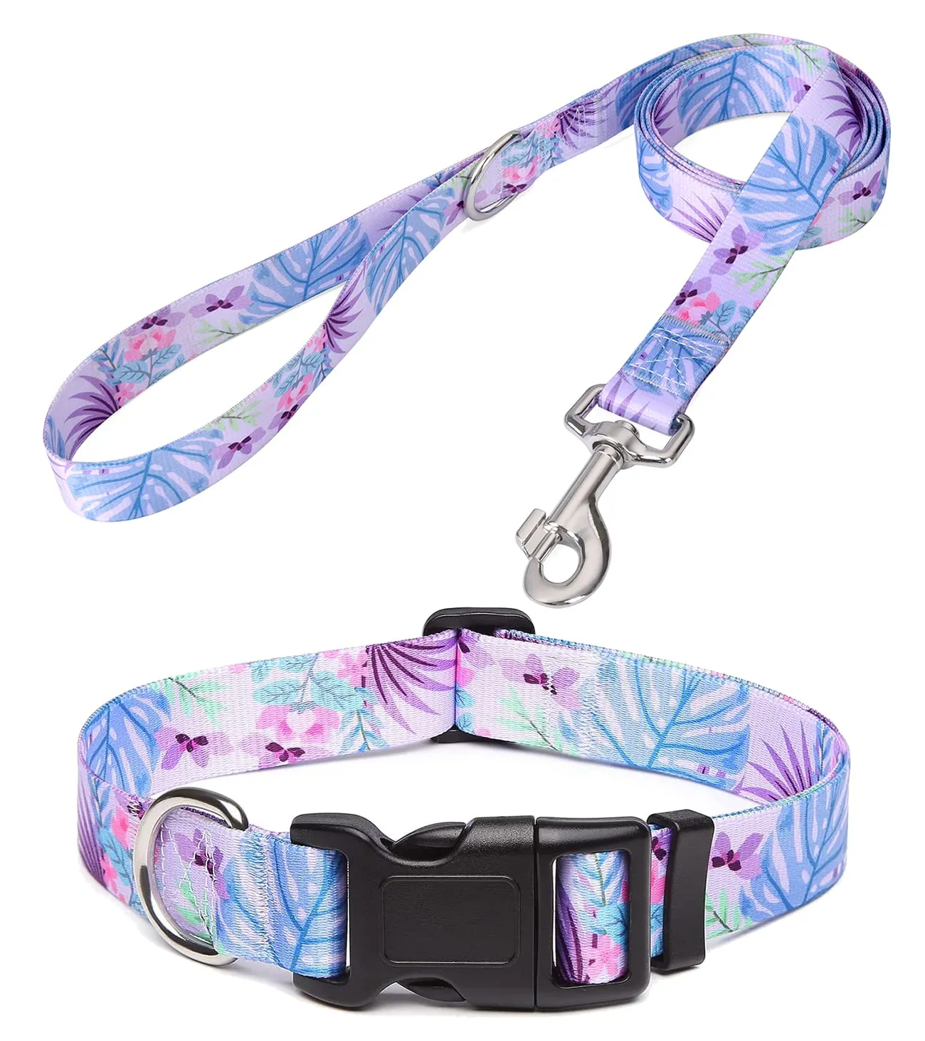 Mihqy Set Collare e Guinzaglio per Cani, Design Bohémien Floreale Geometrico Tribale, Viola Mostri, Taglia M - immagine 1