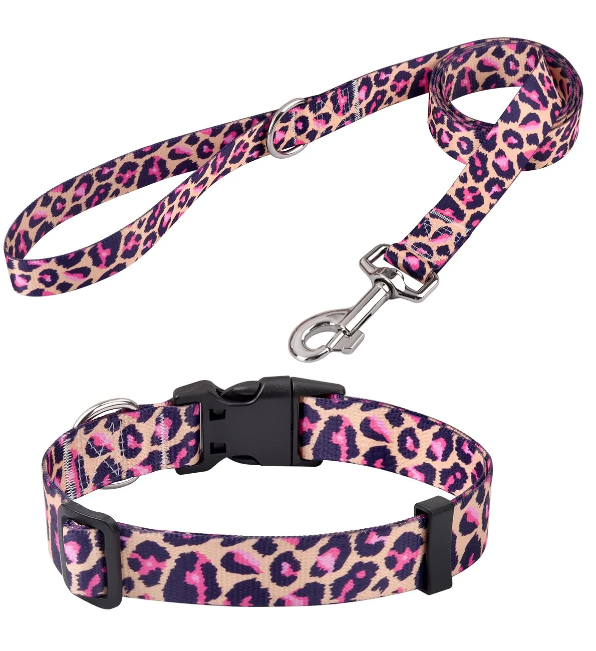 Mihqy Set Collare e Guinzaglio per Cani, Rosa Leopardo, Taglia L - immagine 1