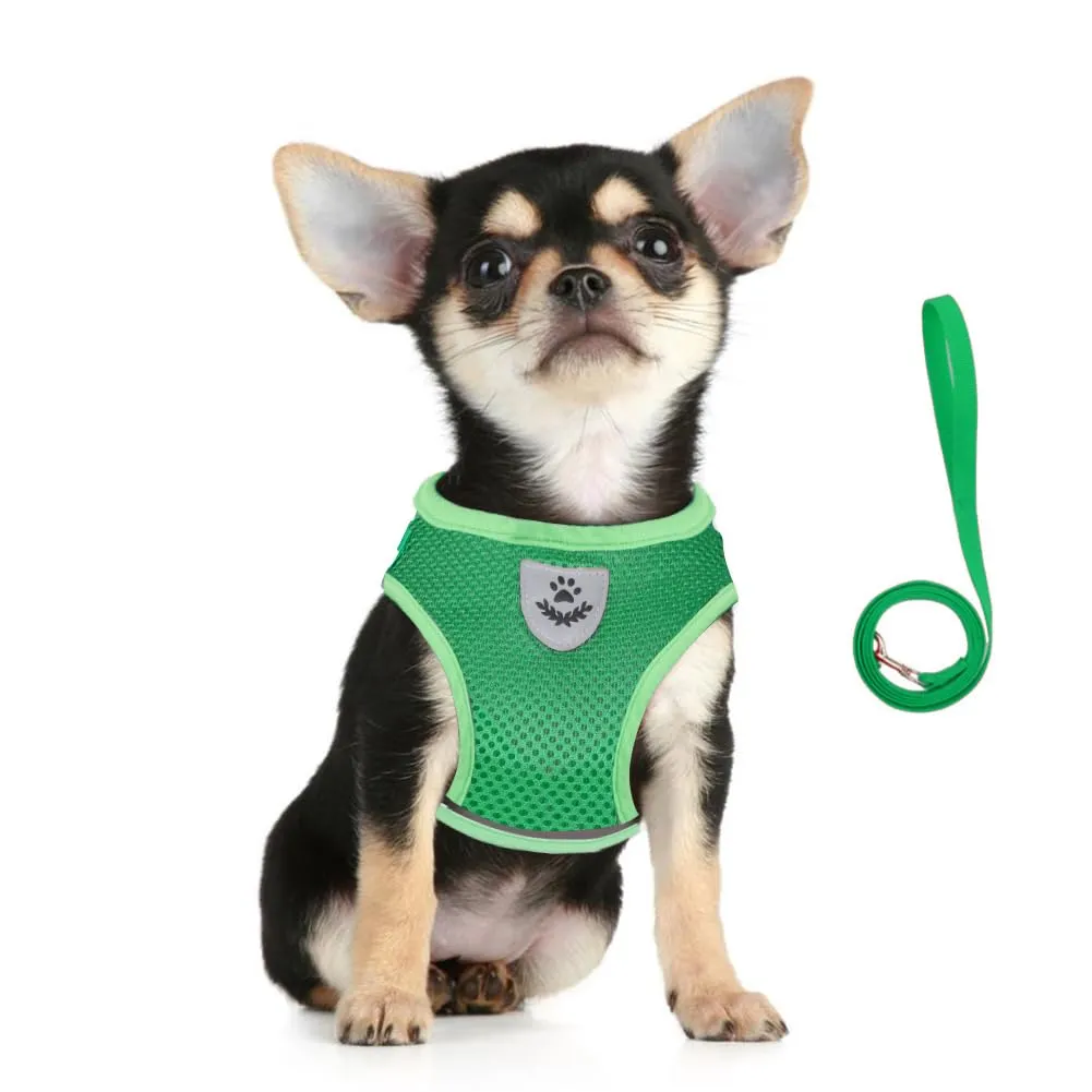 FEimaX Set Imbracatura e Guinzaglio per Cani e Gatti, Pettorina Imbottita Traspirante Regolabile e Riflettente, Verde, M (Torace 35-40cm) - immagine 1