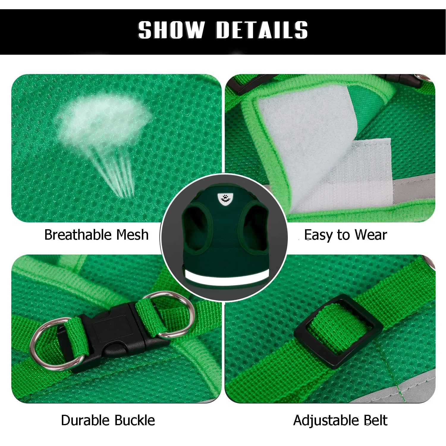 FEimaX Set Imbracatura e Guinzaglio per Cani e Gatti, Pettorina Imbottita Traspirante Regolabile e Riflettente, Verde, M (Torace 35-40cm) - immagine 4