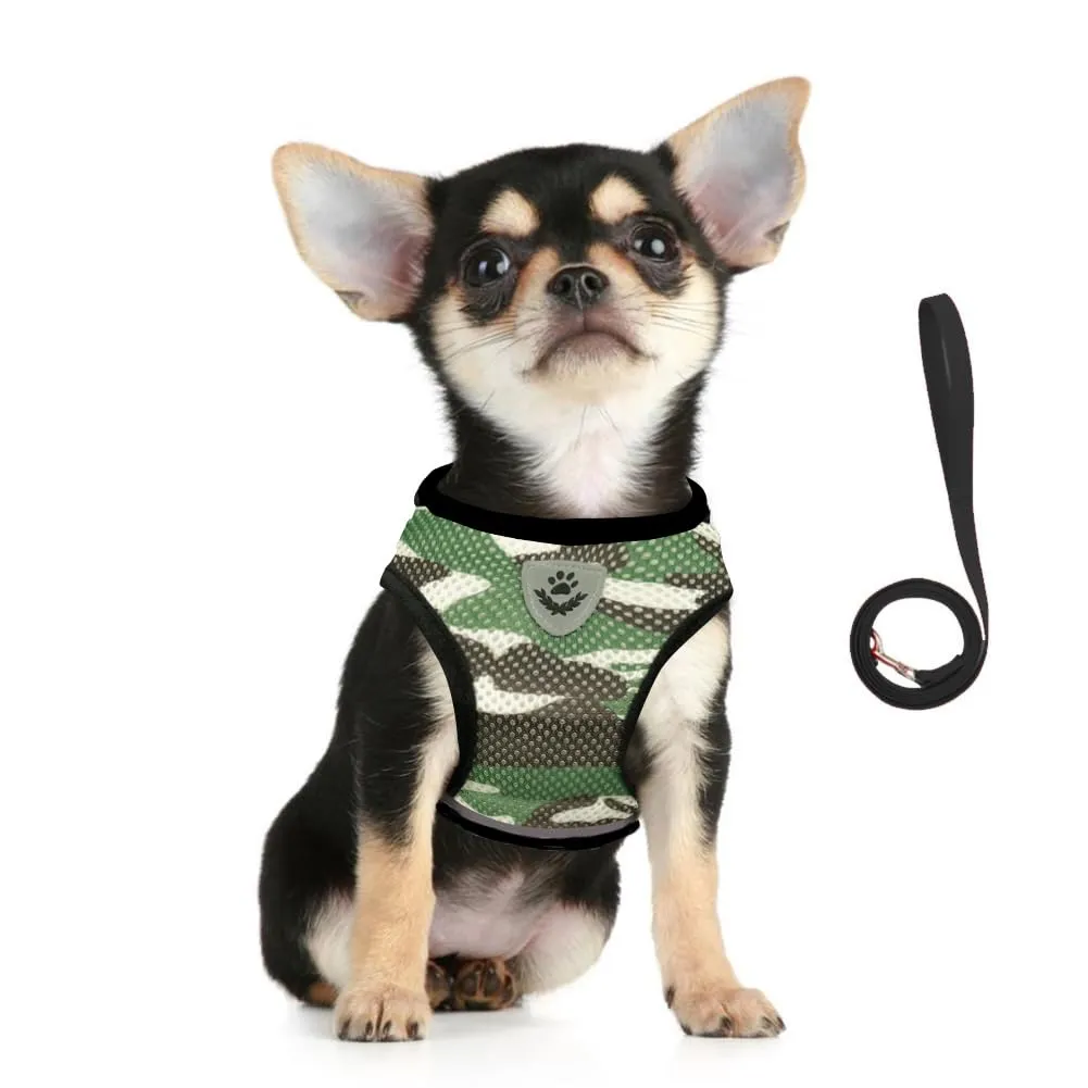 FEimaX Set Imbracatura e Guinzaglio per Cani e Gatti, Pettorina Imbottita Traspirante e Riflettente, Taglia S (Torace 30-34cm), Camouflage - immagine 1