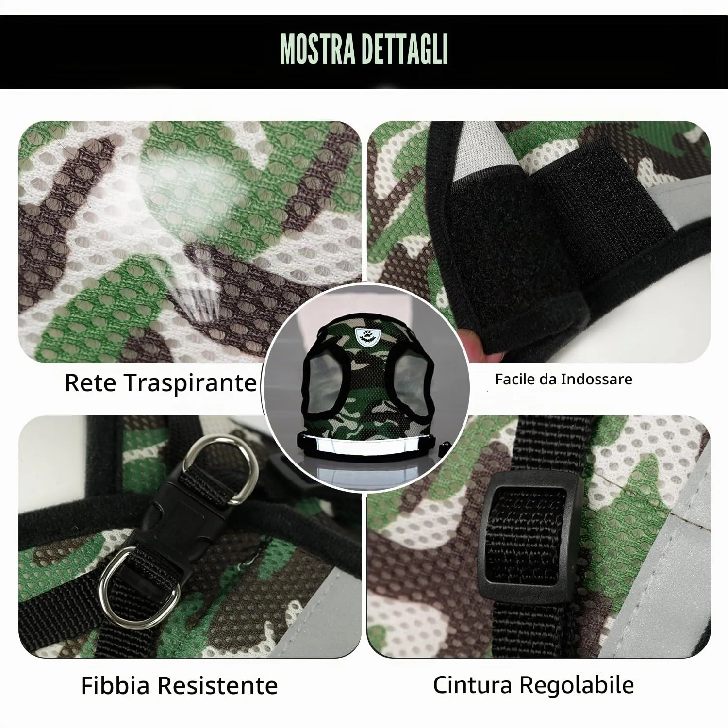 FEimaX Set Imbracatura e Guinzaglio per Cani e Gatti, Pettorina Imbottita Traspirante e Riflettente, Taglia S (Torace 30-34cm), Camouflage - immagine 4