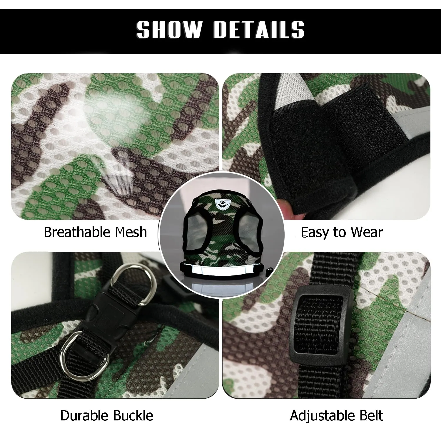 FEimaX Set Imbracatura e Guinzaglio per Cani e Gatti, Imbottita, Traspirante e Riflettente, Camouflage, Taglia M (Torace 35-40cm) - immagine 4