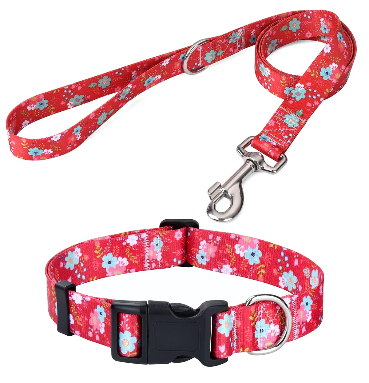 Mihqy Set Collare e Guinzaglio per Cani, Disegno Floreale Rosso, Taglia S - immagine 1