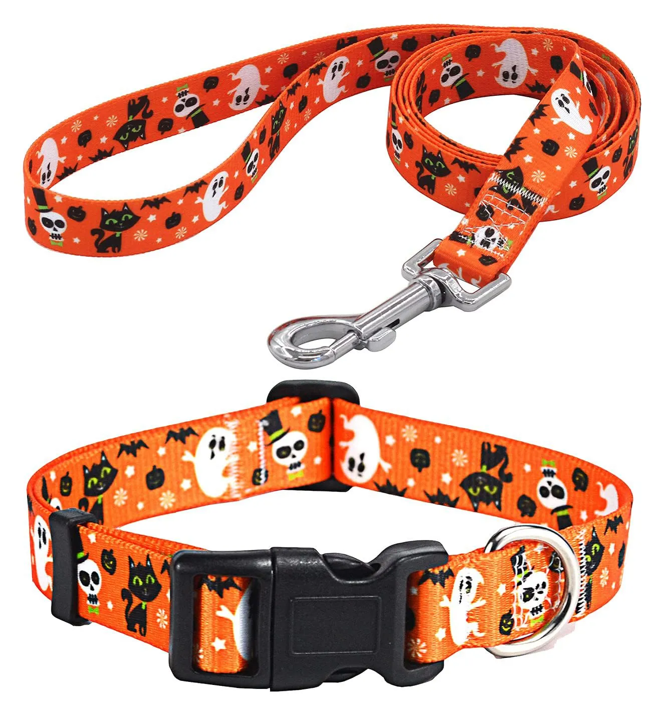 Mihqy Set Collare e Guinzaglio per Cani Halloween Motivo Zucca Fantasma e Pipistrello, Taglia L - immagine 1