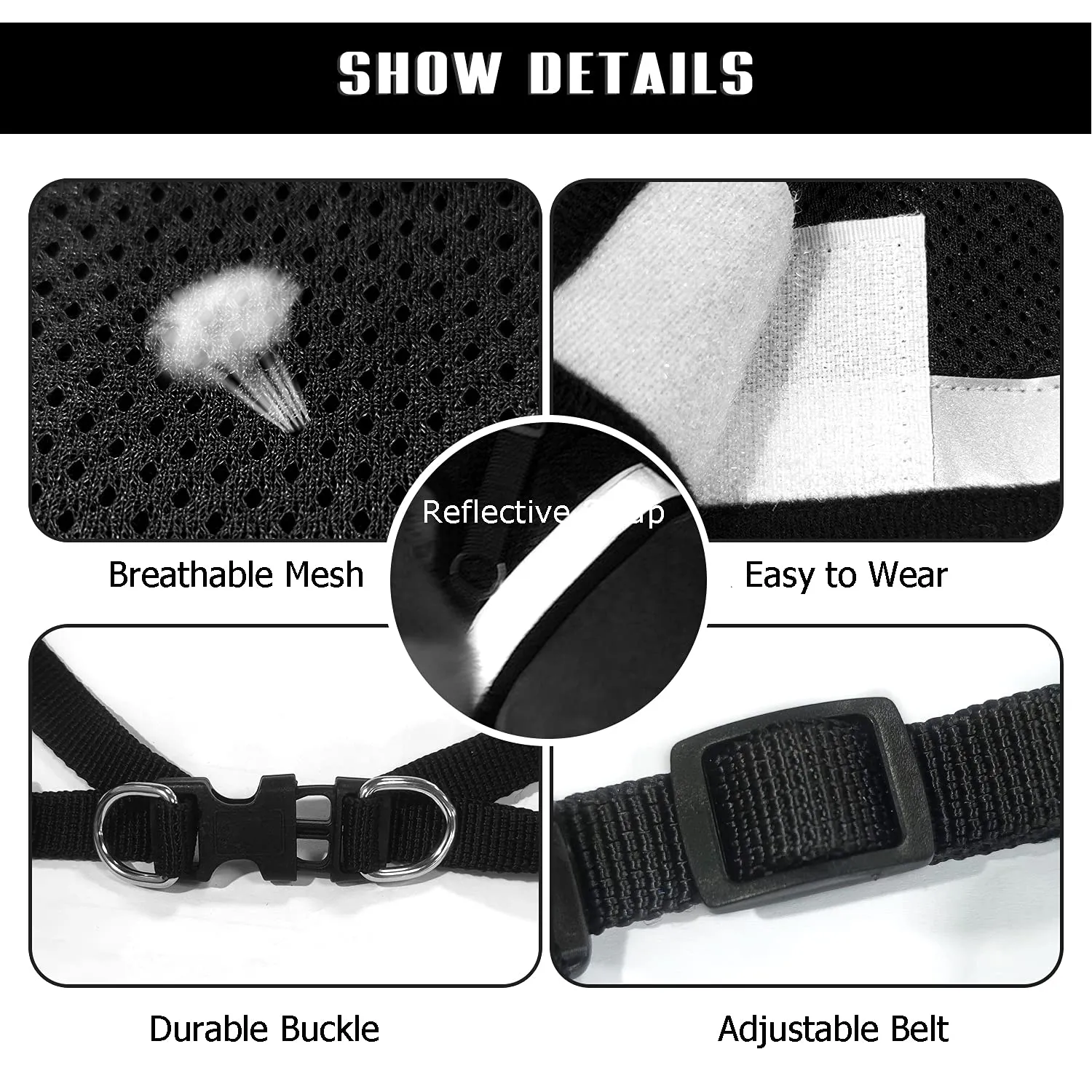 FEimaX Set Imbracatura e Guinzaglio per Cani e Gatti, Pettorina Imbottita Traspirante e Riflettente, Nero, XXS (Torace 20-25cm) - immagine 3