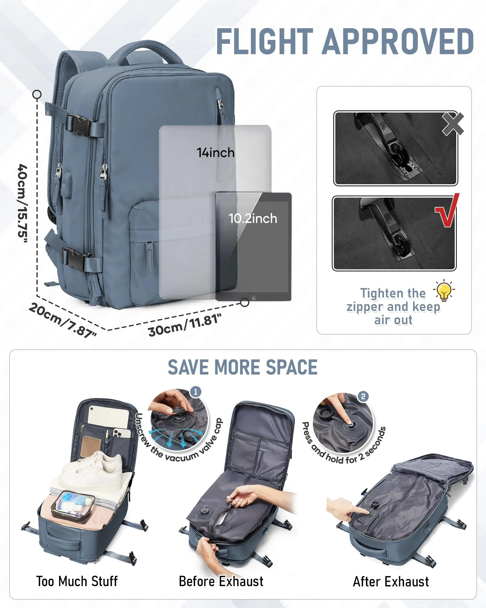SZLX Zaino da Viaggio Sottovuoto 40x30x20 per Ryanair, Wizzair e Vueling, Bagaglio a Mano con Porta USB, Scomparto Scarpe e Laptop 14 Pollici - immagine 4