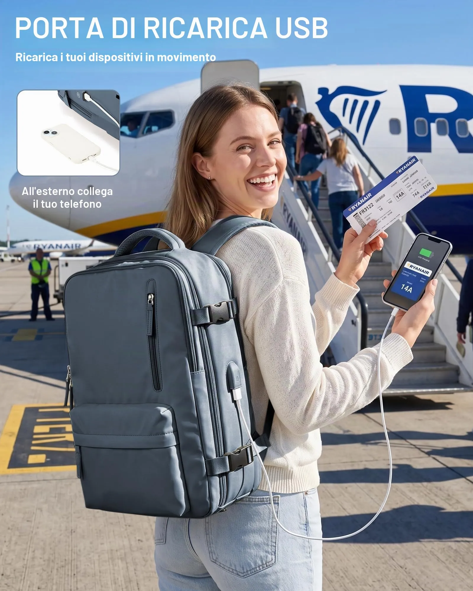 SZLX Zaino da Viaggio Sottovuoto 40x30x20 per Ryanair, Wizzair e Vueling, Bagaglio a Mano con Porta USB, Scomparto Scarpe e Laptop 14 Pollici - immagine 5