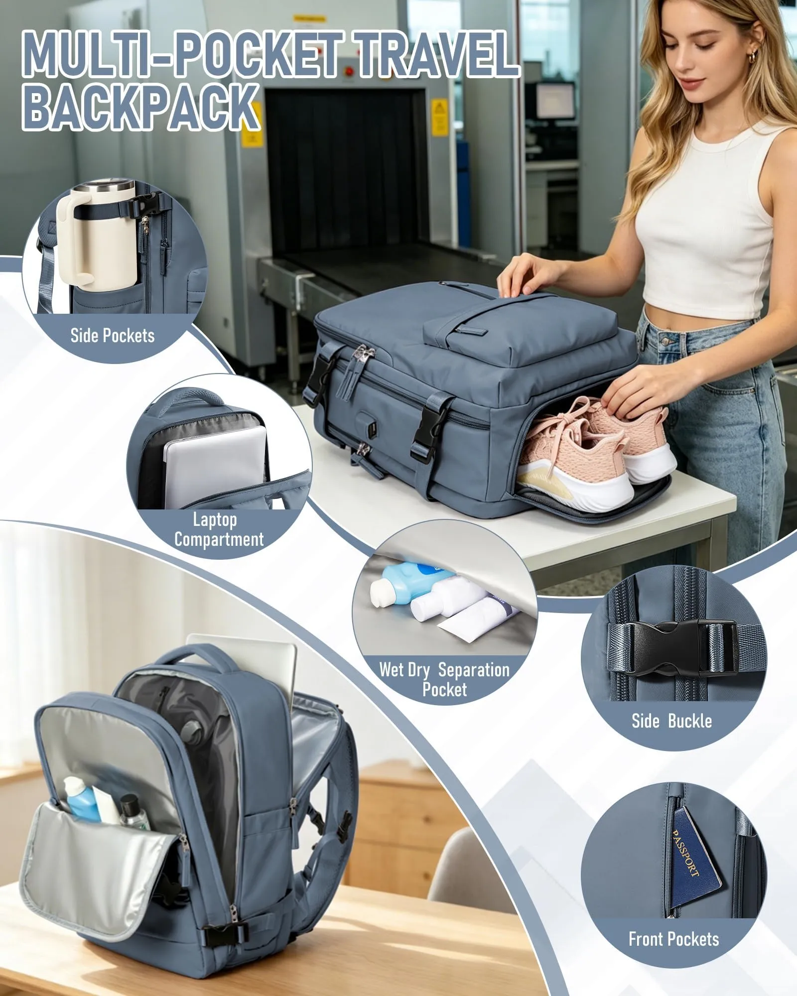 SZLX Zaino da Viaggio Sottovuoto 40x30x20 per Ryanair, Wizzair e Vueling, Bagaglio a Mano con Porta USB, Scomparto Scarpe e Laptop 14 Pollici - immagine 7