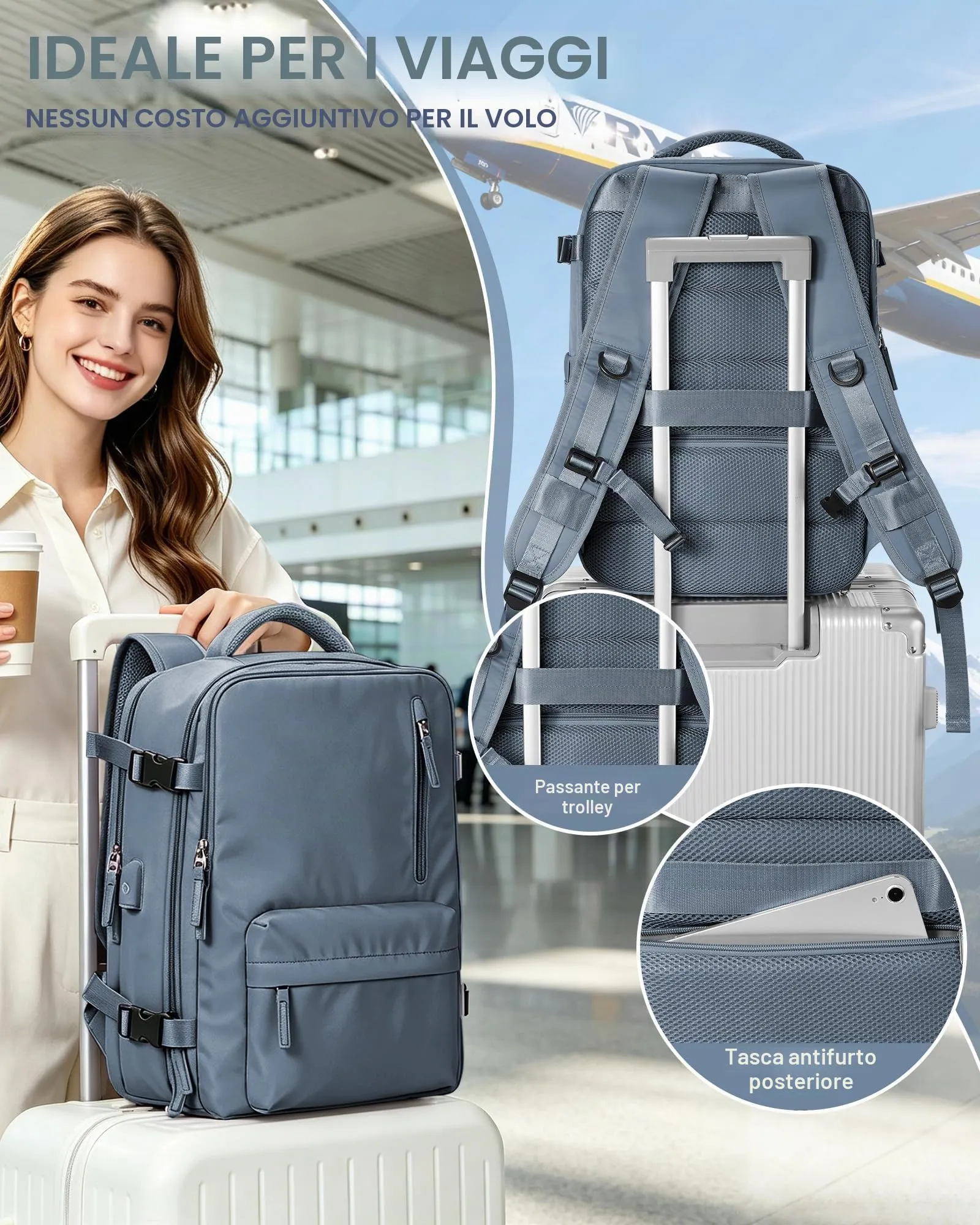 SZLX Zaino da Viaggio Sottovuoto 40x30x20 per Ryanair, Wizzair e Vueling, Bagaglio a Mano con Porta USB, Scomparto Scarpe e Laptop 14 Pollici - immagine 10