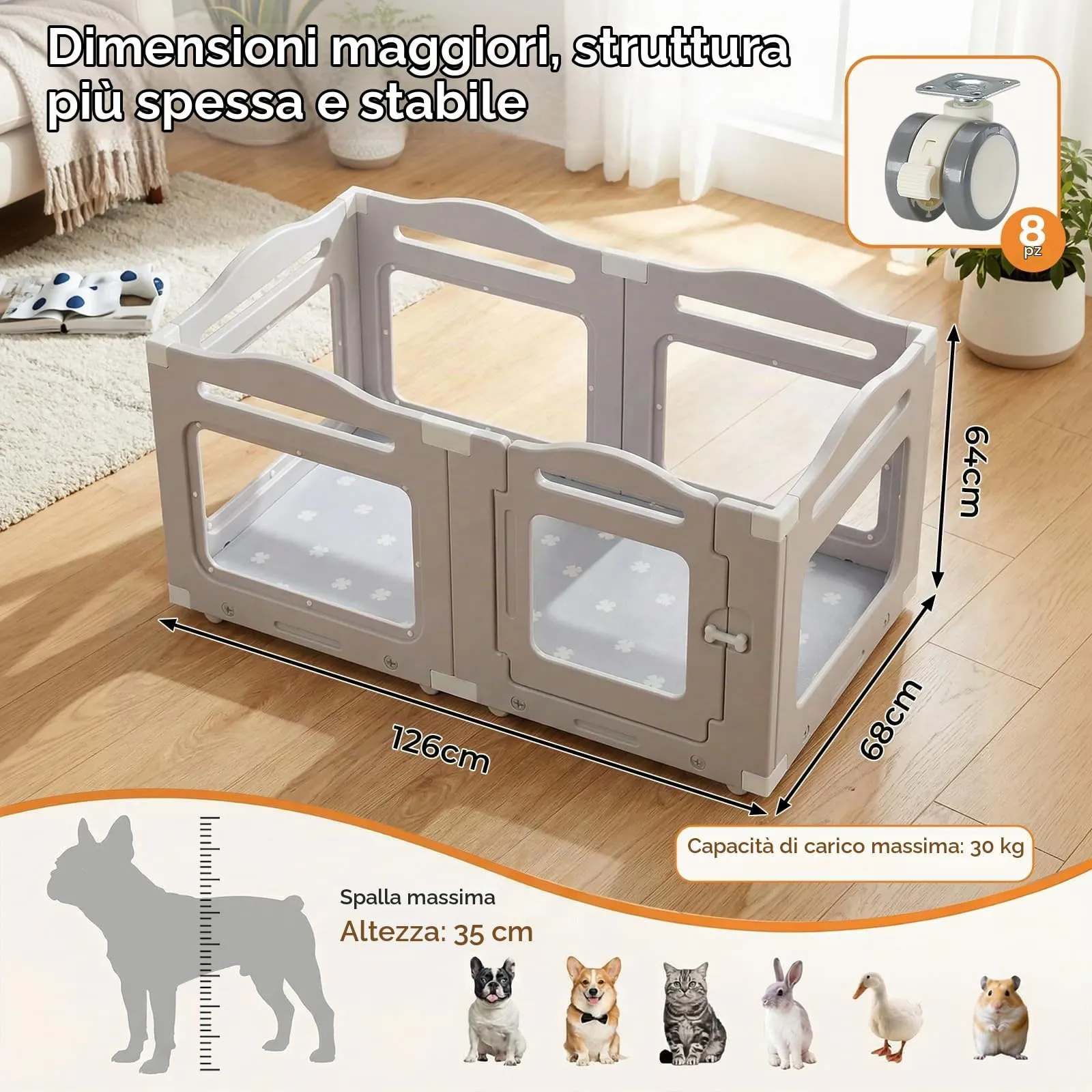 MAMIZO Recinto per Cani in Acrilico 126 × 68 cm, Box per Cuccioli con Ruote - immagine 2