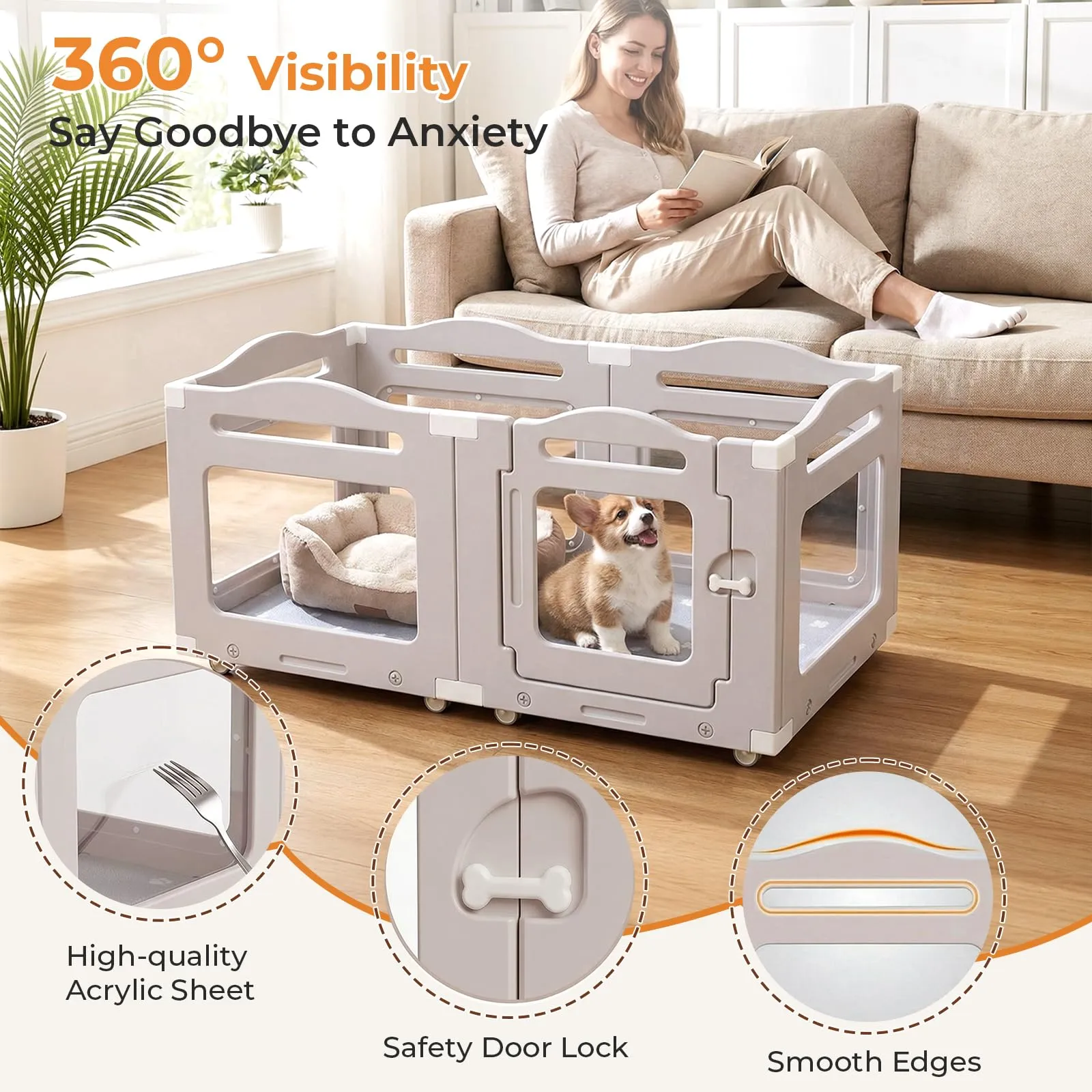 MAMIZO Recinto per Cani in Acrilico 126 × 68 cm, Box per Cuccioli con Ruote - immagine 4