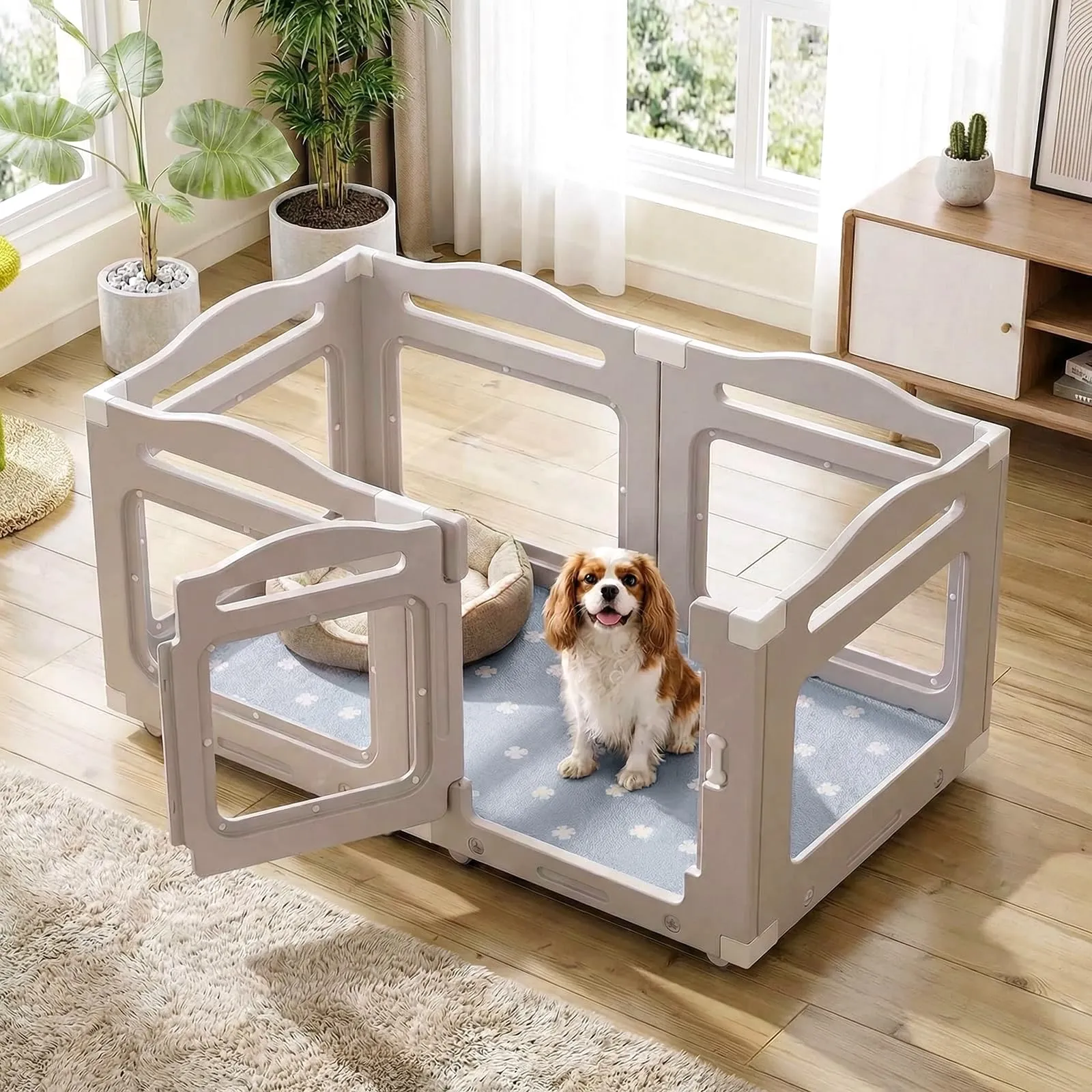 MAMIZO Recinto per Cani in Acrilico 126 × 68 cm, Box per Cuccioli con Ruote - immagine 9