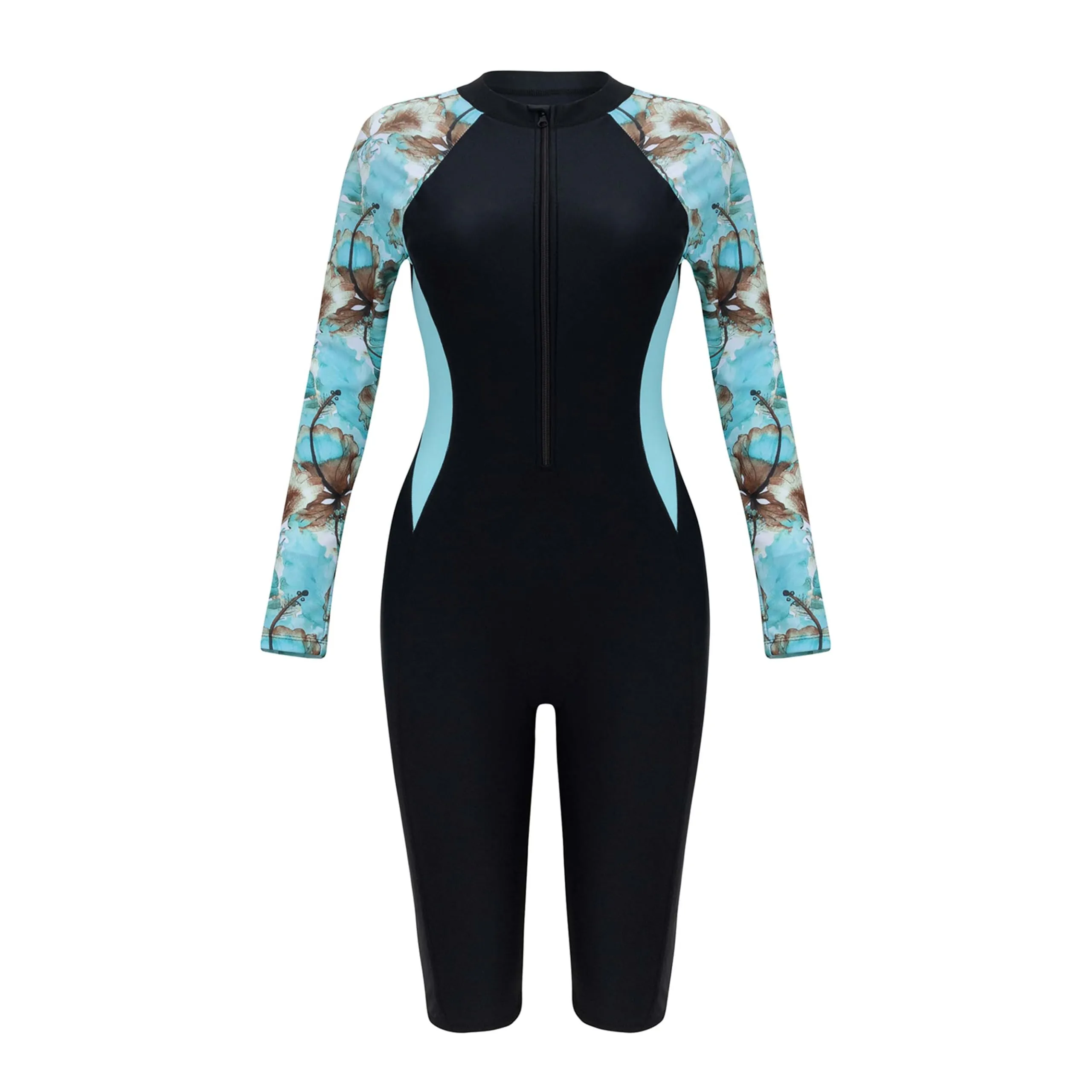 BEACHKINI Costume da Bagno Intero Donna con Zip e Maniche Lunghe, Protezione UV, Nero e Blu Stampa Floreale, L - immagine 5