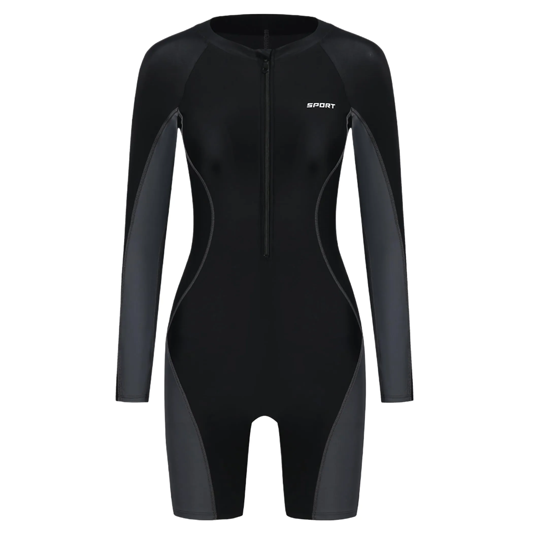 BEACHKINI Costume da Bagno Intero a Maniche Lunghe da Donna con Zip Frontale e Protezione UV, Nero Grigio, M - immagine 5