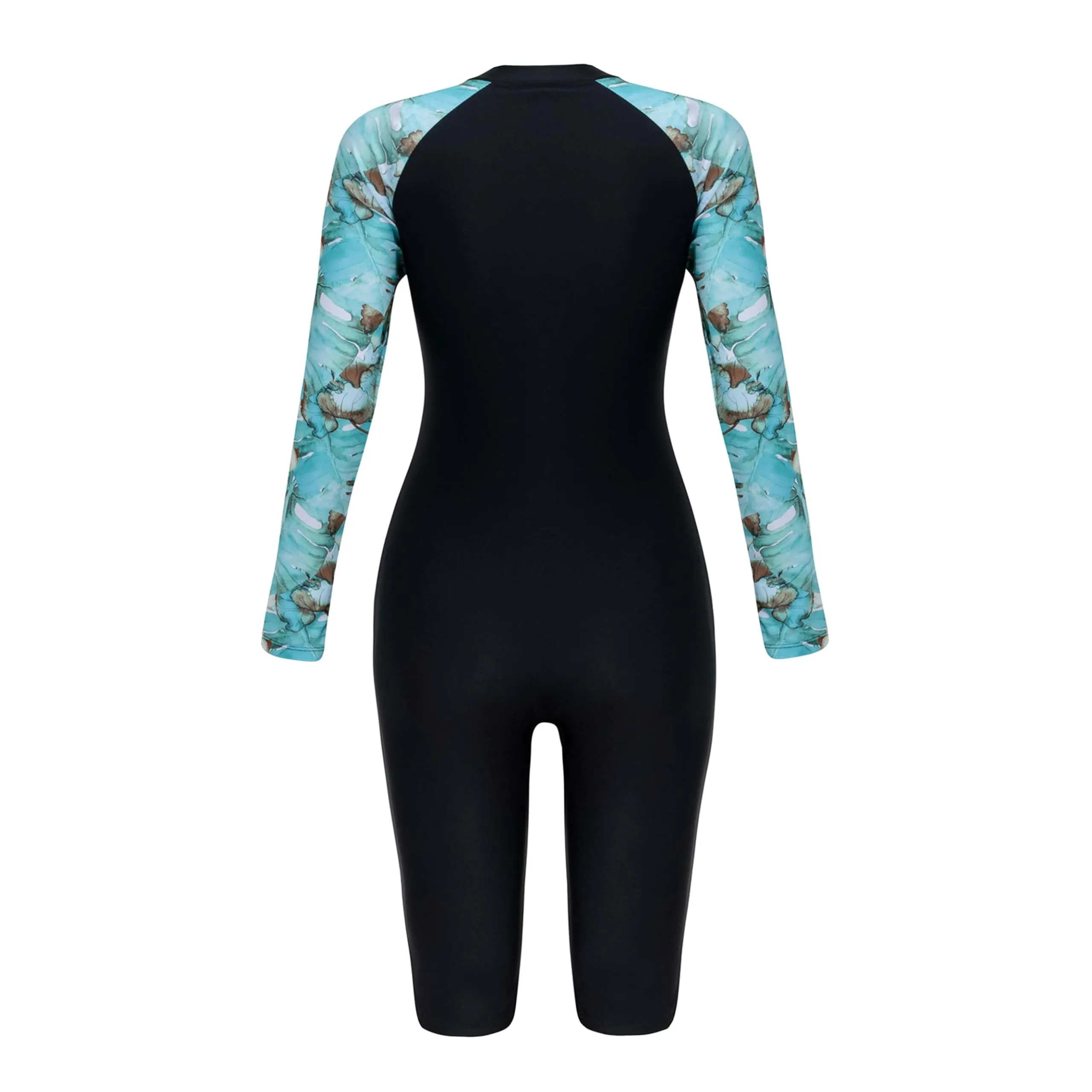 BEACHKINI Costume da Bagno Intero con Zip e Maniche Lunghe da Donna, Nero e Blu a Stampa Floreale, Protezione UV, Foglia Verde Chiaro, XS - immagine 6