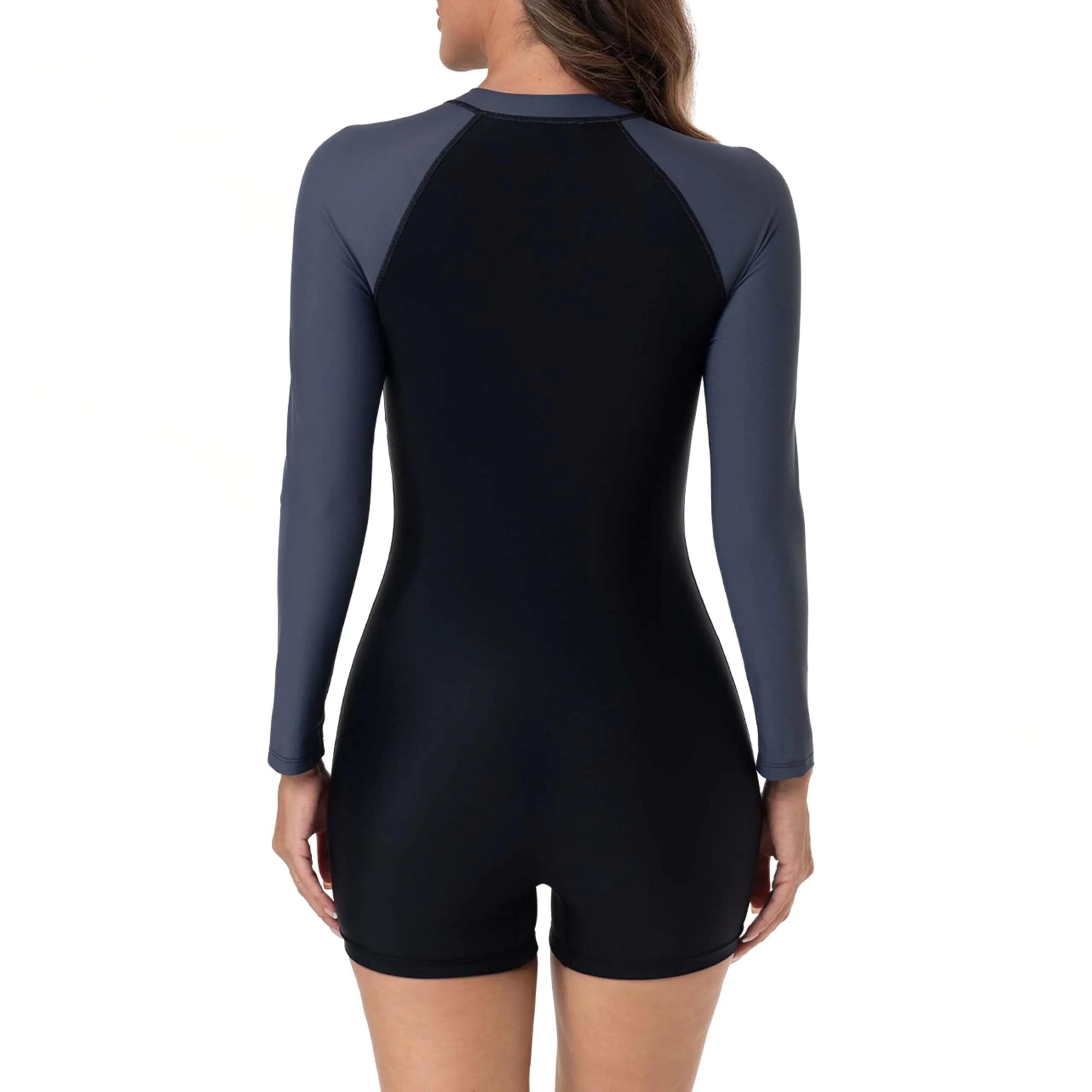 BEACHKINI Costume da Bagno Intero con Zip a Maniche Lunghe da Donna, Protezione UV, Grigio Scuro, M - immagine 3