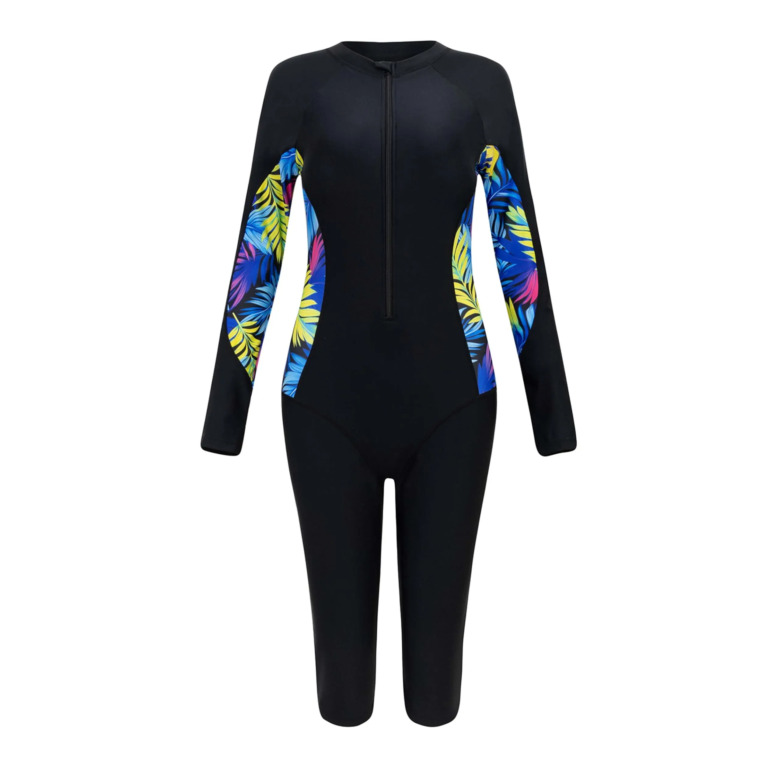 BEACHKINI Costume da Bagno Intero a Maniche Lunghe da Donna, Nero con Stampa a Foglie, Zip Frontale, Protezione UV, Taglia L - immagine 4