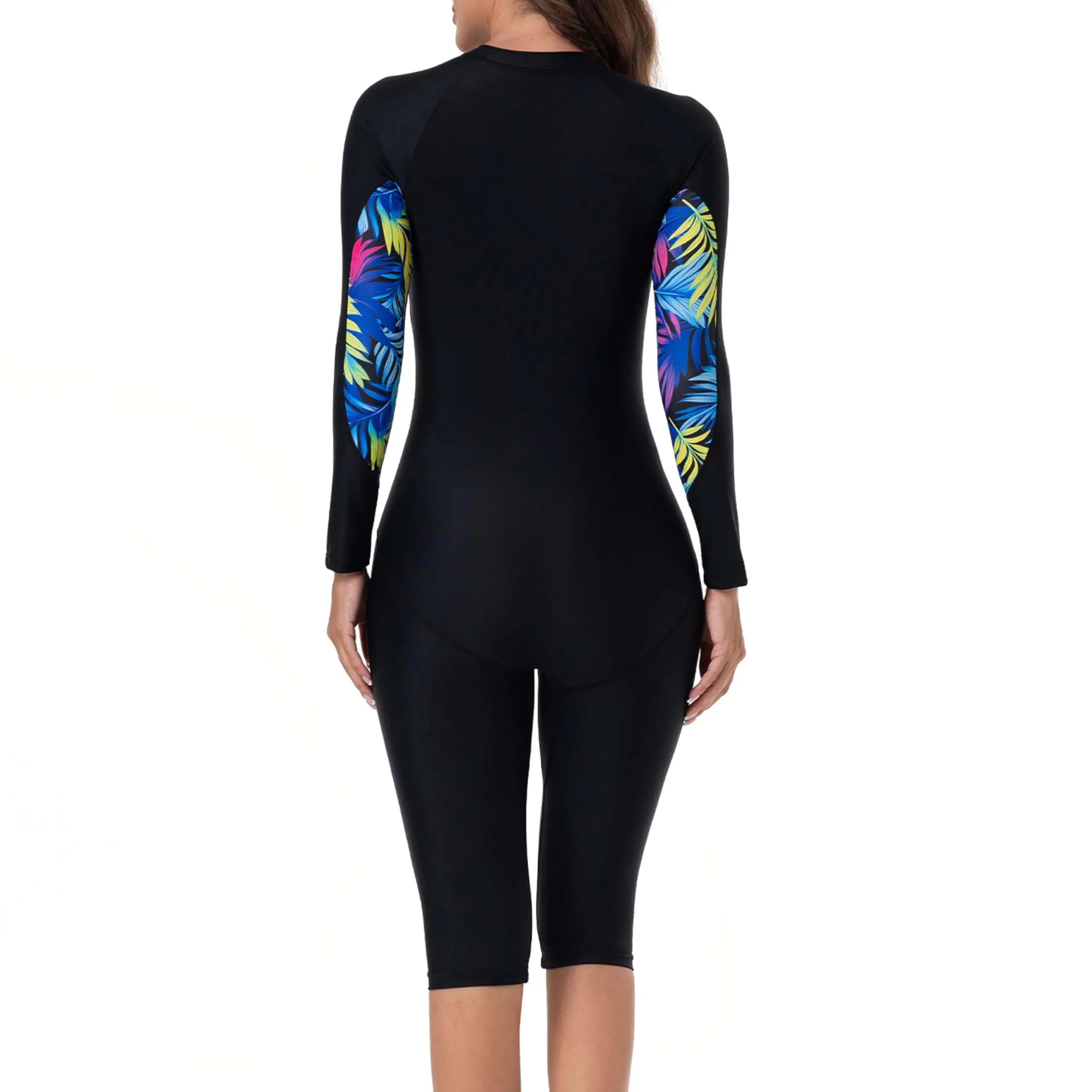 BEACHKINI Costume da Bagno Intero a Maniche Lunghe da Donna, Nero con Stampa a Foglie, Zip Frontale, Protezione UV, XS - immagine 2