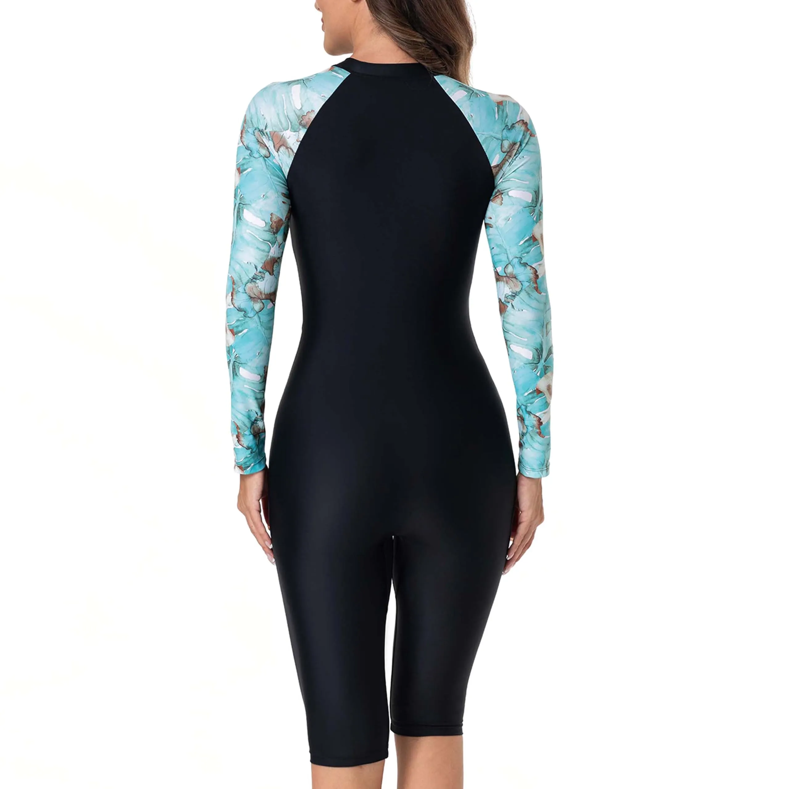 BEACHKINI Costume da Bagno Intero con Zip e Maniche Lunghe da Donna, Nero e Blu a Stampa Floreale, Protezione UV, Foglia Verde Chiaro, S - immagine 2