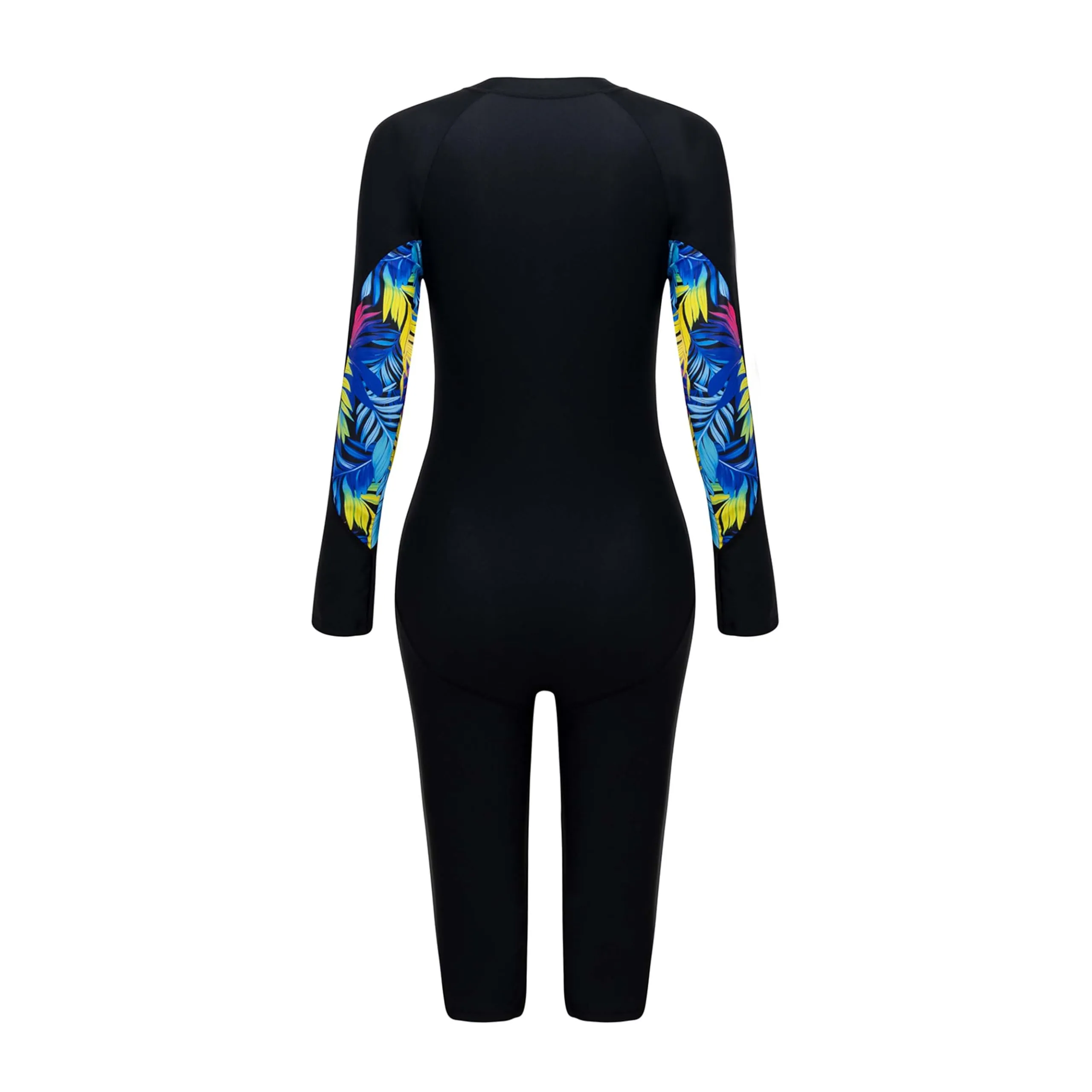 BEACHKINI Costume da Bagno Intero a Maniche Lunghe da Donna, Nero con Stampa a Foglie, Zip Frontale, Protezione UV, S - immagine 5