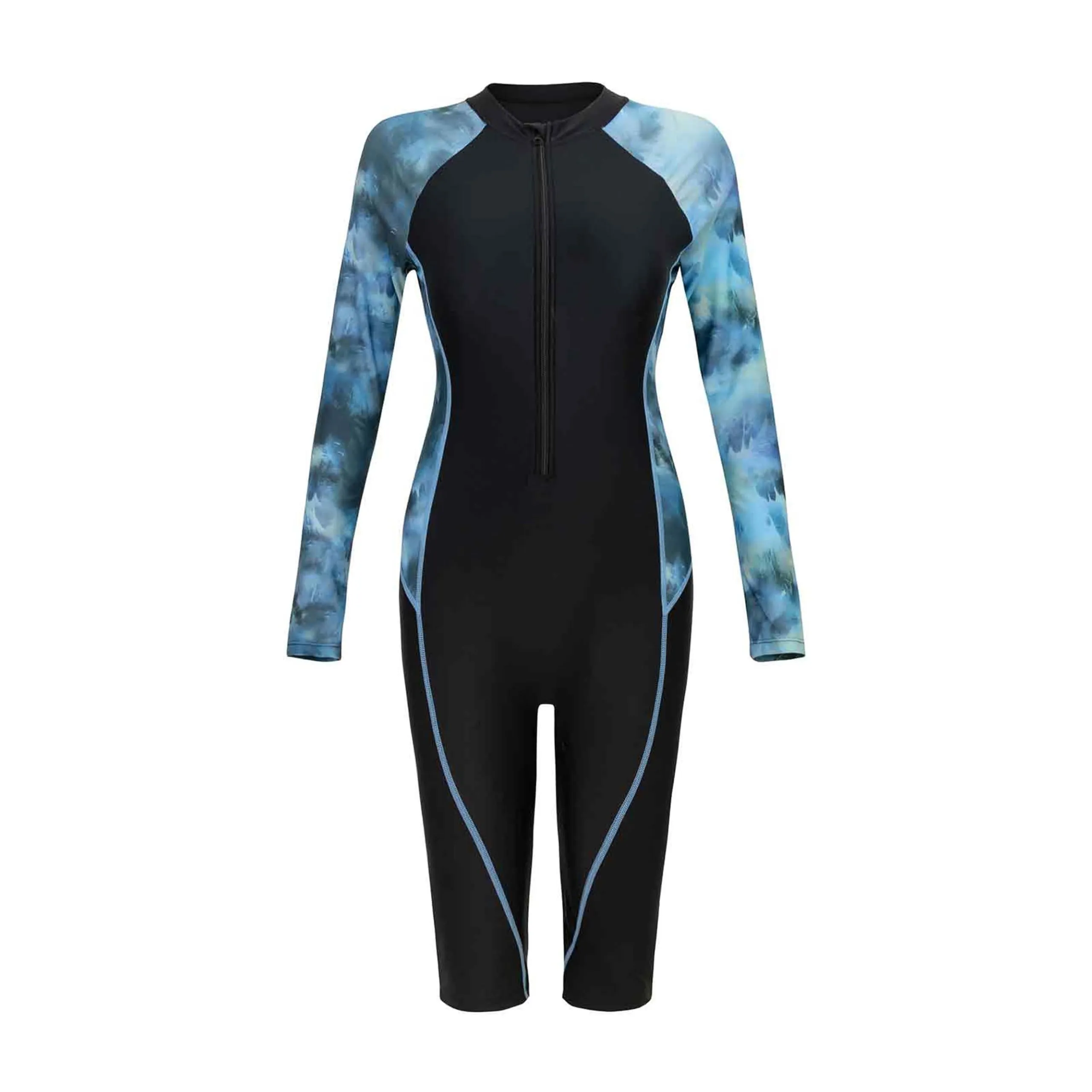 BEACHKINI Costume da Bagno Intero a Maniche Lunghe Tie-Dye da Donna, Chiusura Frontale con Zip e Protezione UV, Pittura Inchiostro, XL - immagine 5