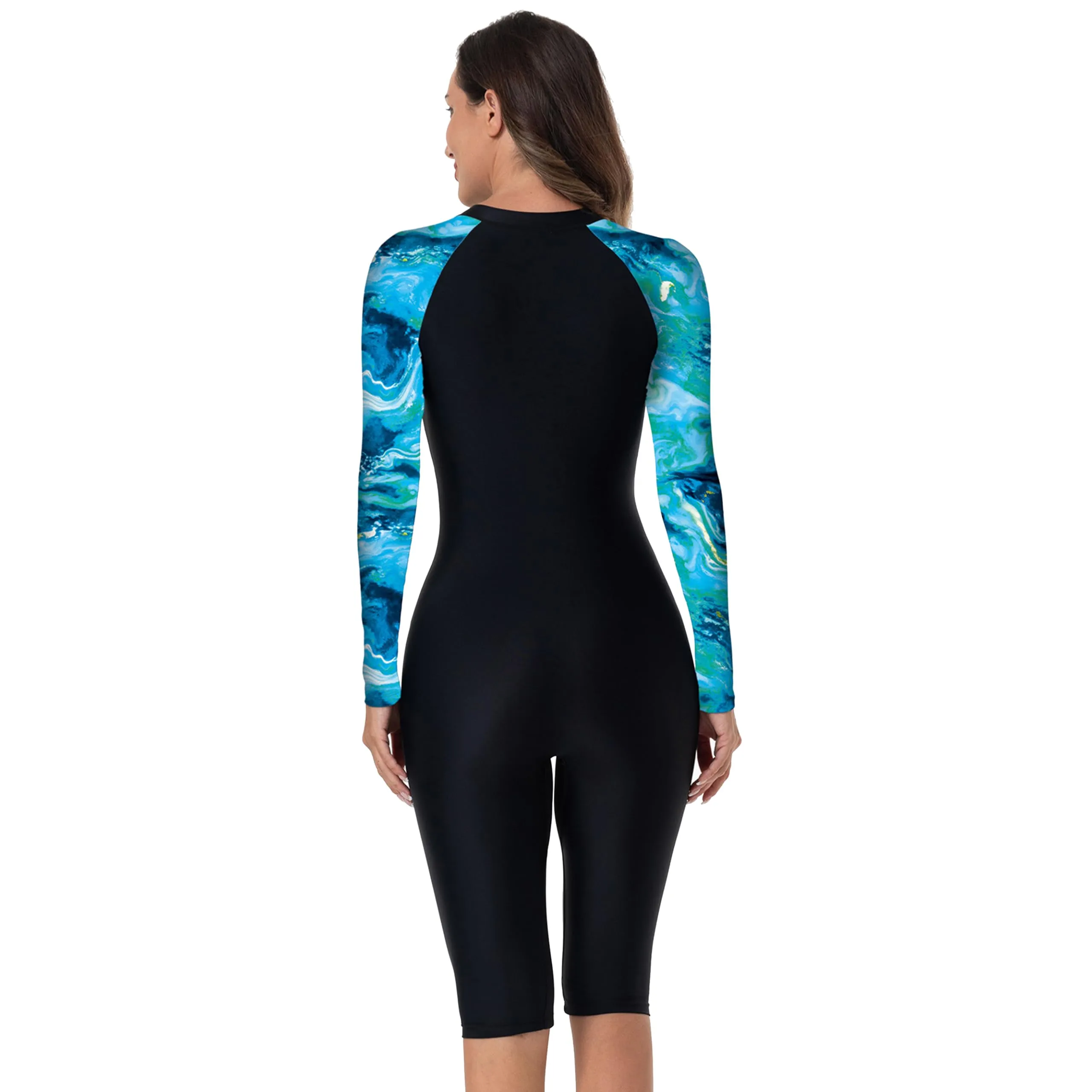 BEACHKINI Costume da Bagno Intero da Donna a Maniche Lunghe per Surf, Nero con Inserti Blu e Stampa a Onde, Protezione UV, Terra Blu, S - immagine 2