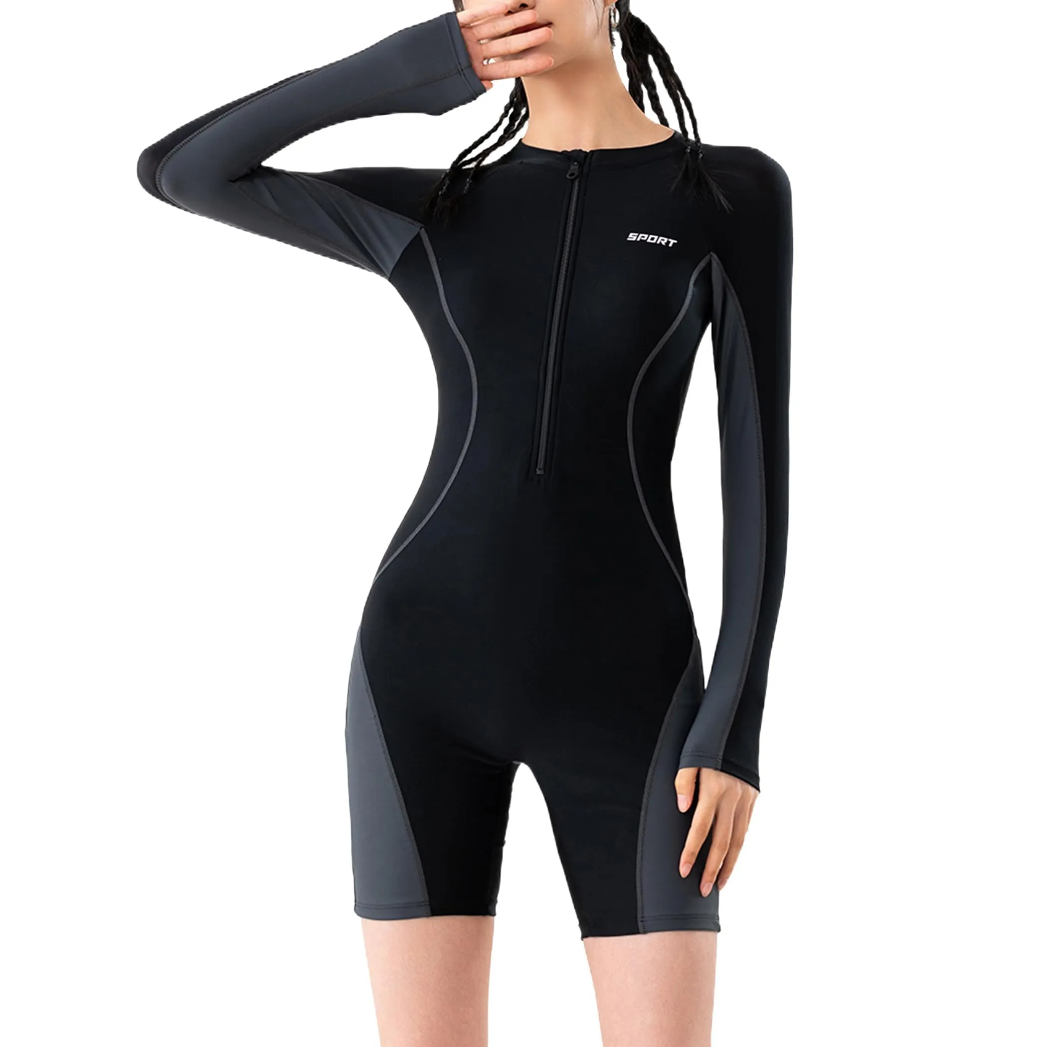BEACHKINI Costume da Bagno Intero a Maniche Lunghe da Donna con Zip Frontale e Protezione UV, Nero Grigio, 3XL - immagine 4
