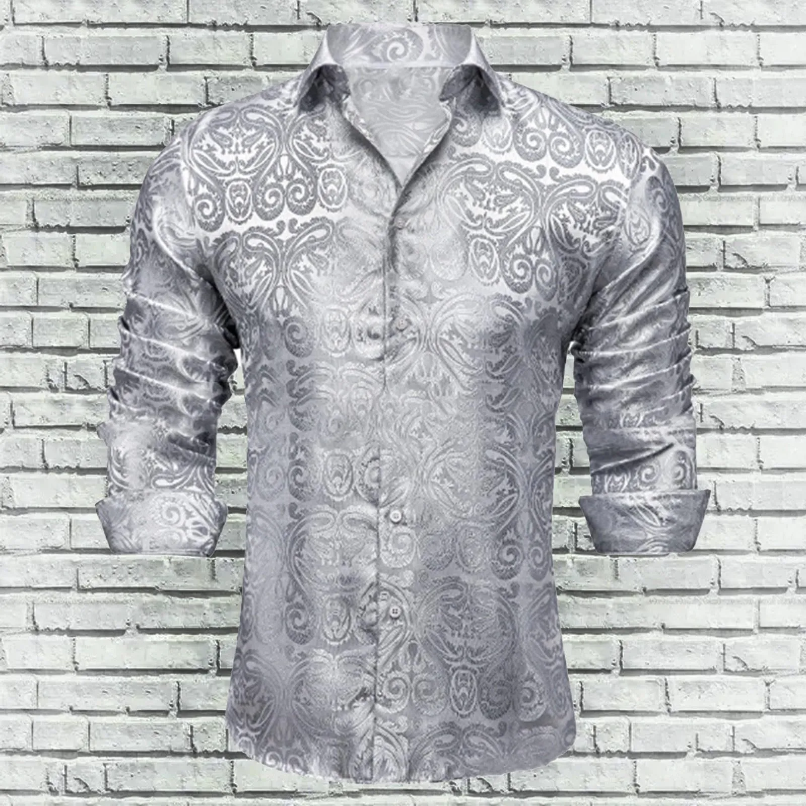 Generico Camicia da Uomo in Seta a Fantasia Paisley, Maniche Lunghe, Taglio Regolare, Bianco, L - immagine 2