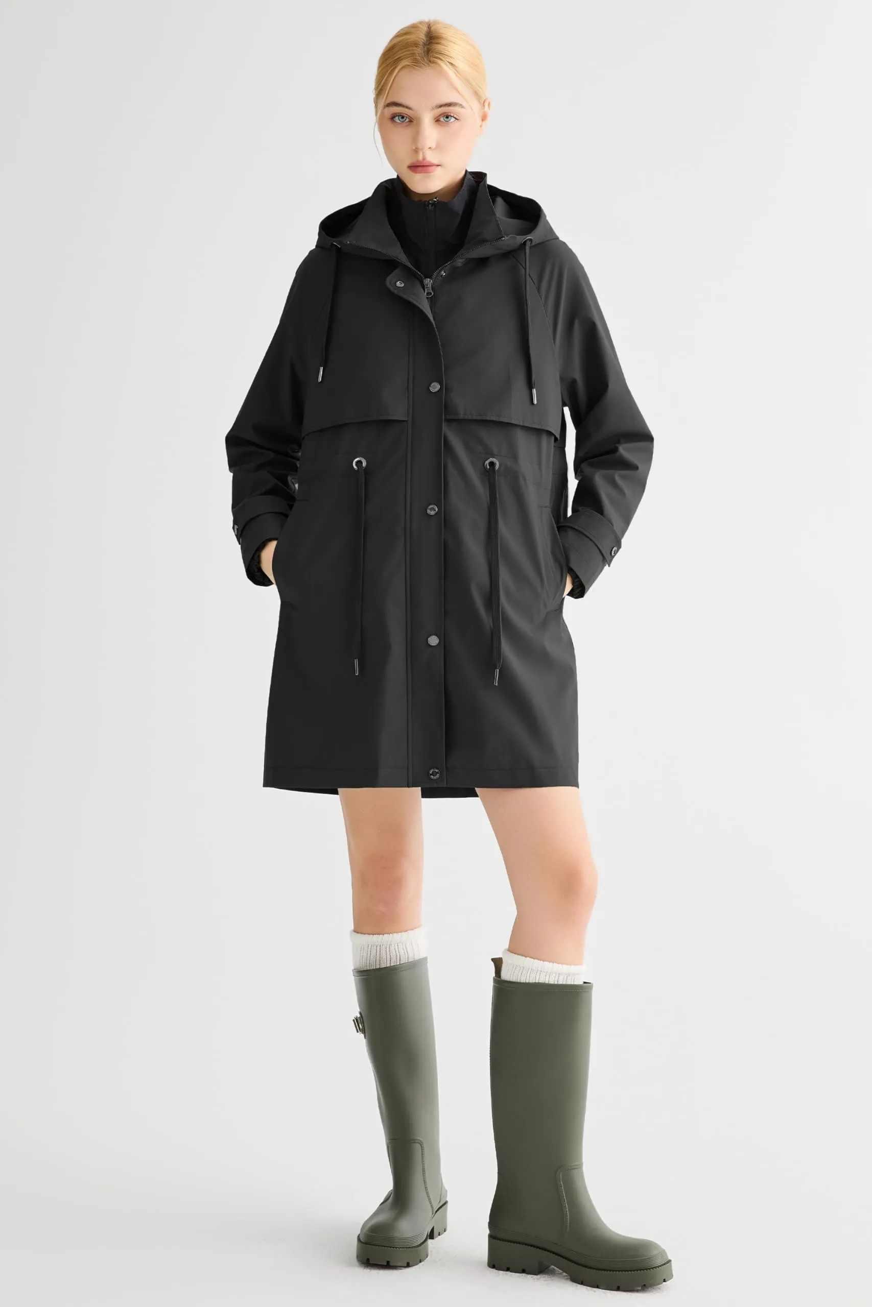 Orolay Trench OW255168Z Giacca a vento lunga da donna con cappuccio, Nero, Large - immagine 4