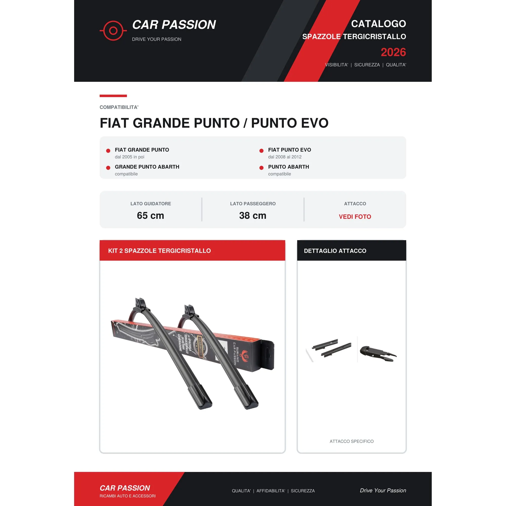 Car Passion Spazzole Tergicristallo per Fiat Grande Punto e Punto Evo, 65+38 cm - immagine 8