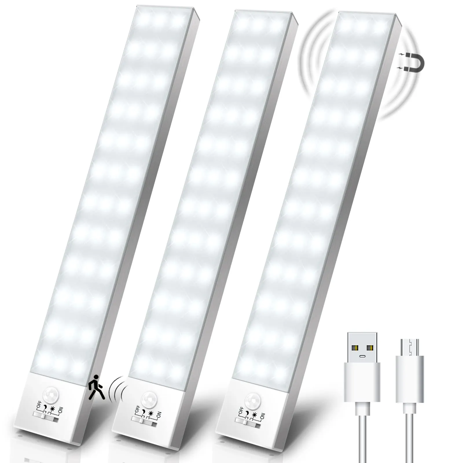 OUILA Luce Armadio LED con Sensore di Movimento, 23cm, 3 Pezzi, Ricaricabile USB, 5000K - immagine 1