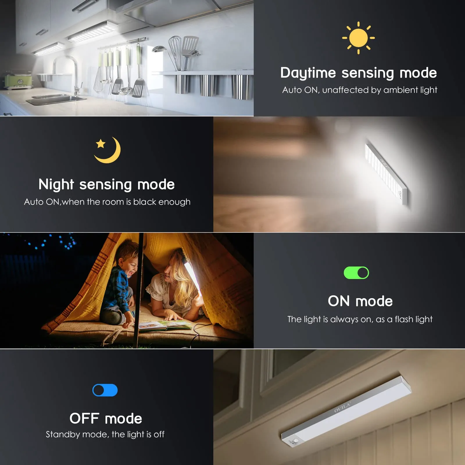 OUILA Luce Armadio LED con Sensore di Movimento, 23cm, 3 Pezzi, Ricaricabile USB, 5000K - immagine 2