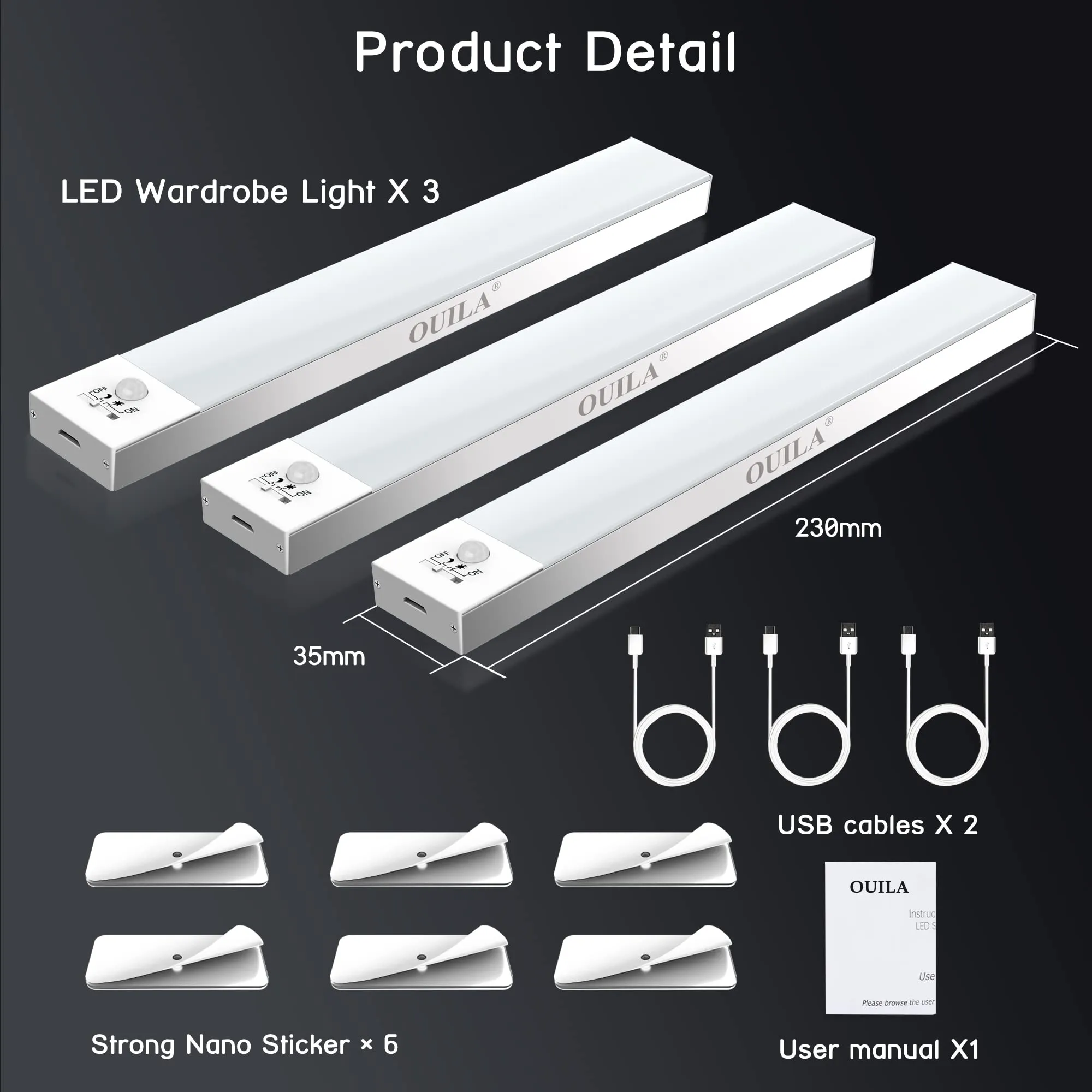 OUILA Luce Armadio LED con Sensore di Movimento, 23cm, 3 Pezzi, Ricaricabile USB, 5000K - immagine 6