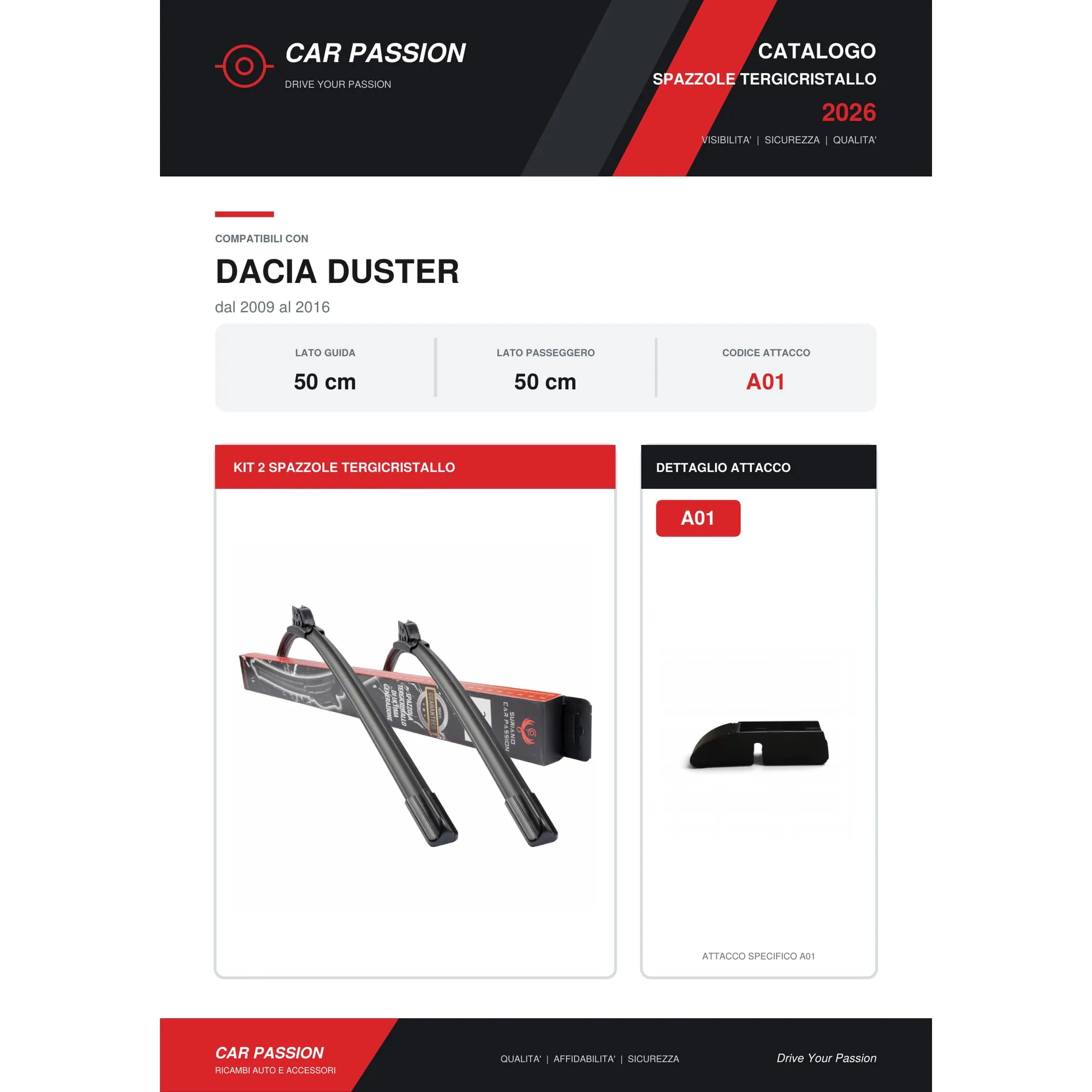 Car Passion Spazzole Tergicristallo per Dacia Duster 2009-2016, 50+50 cm, Attacco A01 - immagine 8