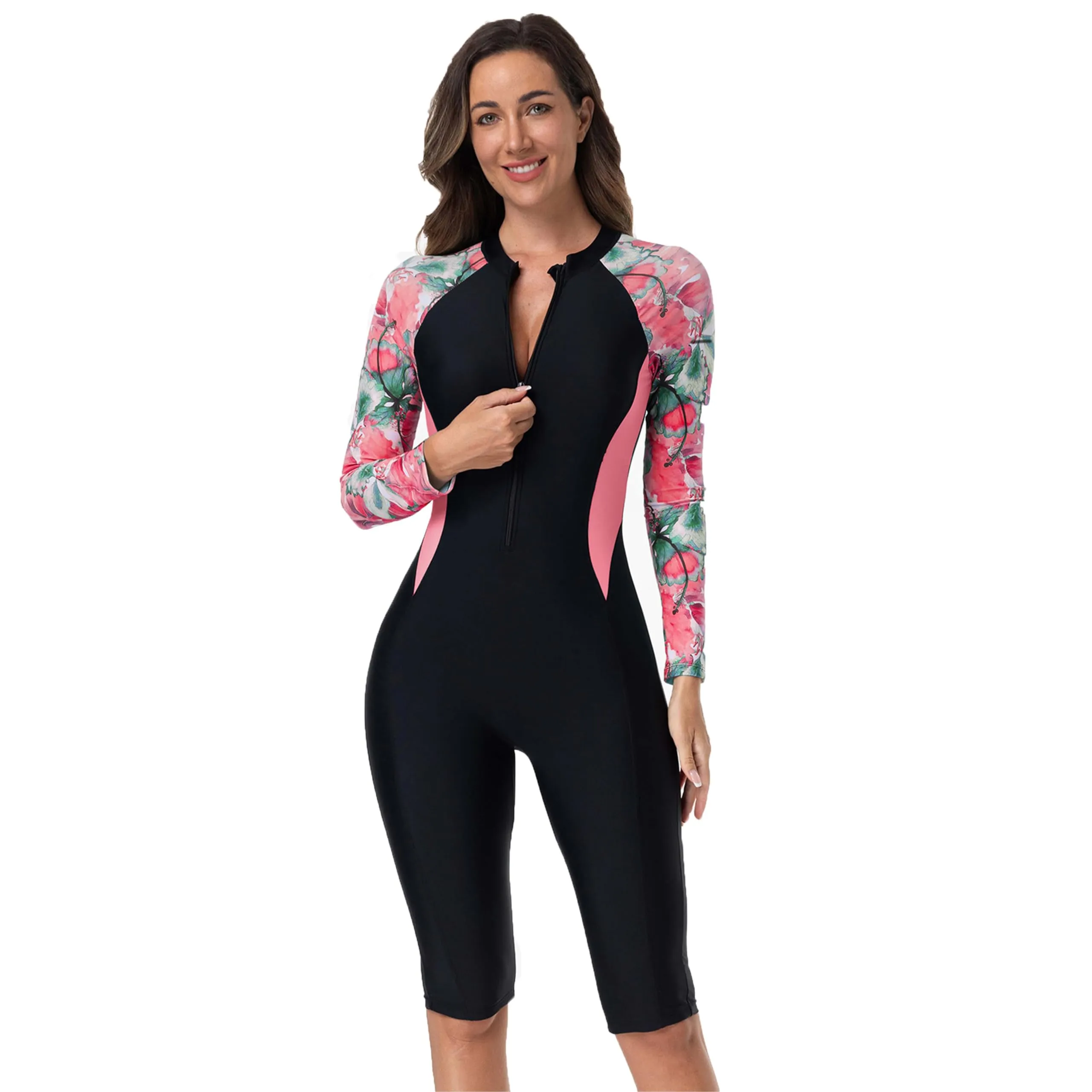 BEACHKINI Costume da Bagno Intero da Donna a Maniche Lunghe, Nero con Stampa Floreale Rosa, Protezione UV, XXL - immagine 4